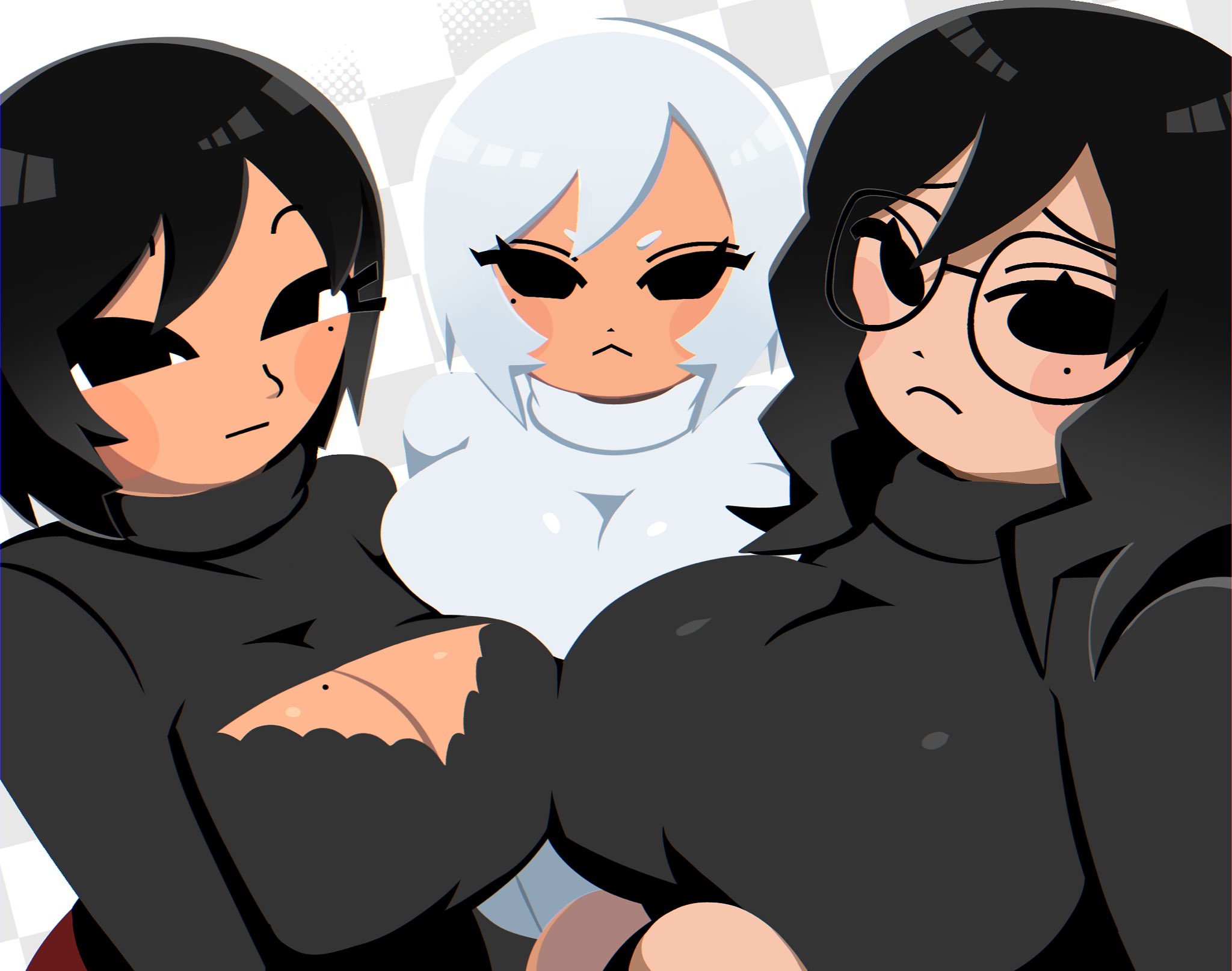 3girls, ava (gazoogaloo), black clothing, black hair, breasts, cleavage, komugi (riki0731), mii, mob face, mole on breast, mono (tada hajime), nintendo, riki0731, sad expression, tagme, tan body, tomodachi life, white clothing, white hair