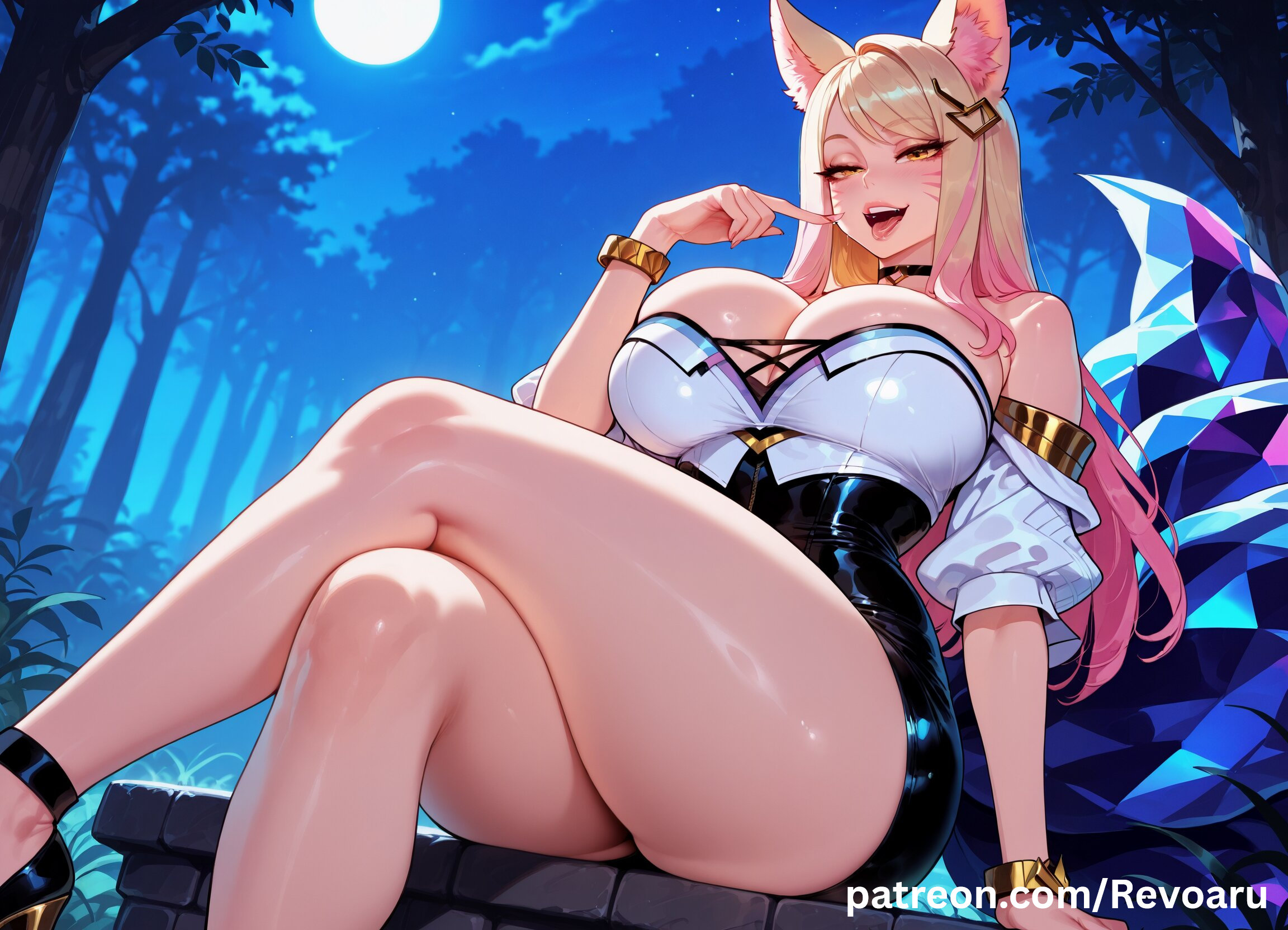 ahri, ahri (league of legends), ai generated, big breasts, blonde hair, breasts, female, female only, fox girl, huge breasts, k/da ahri, k/da series, league of legends, mature, mature female, quality, revoaru, solo, thick thighs, thighs
