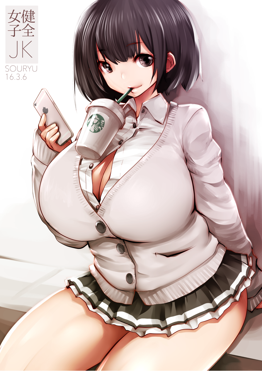 between_breasts brown_eyes brown_hair cleavage drinking huge_breasts looking_at_viewer miniskirt open_shirt original original_character school_uniform schoolgirl short_hair sitting smartphone smiling souryu