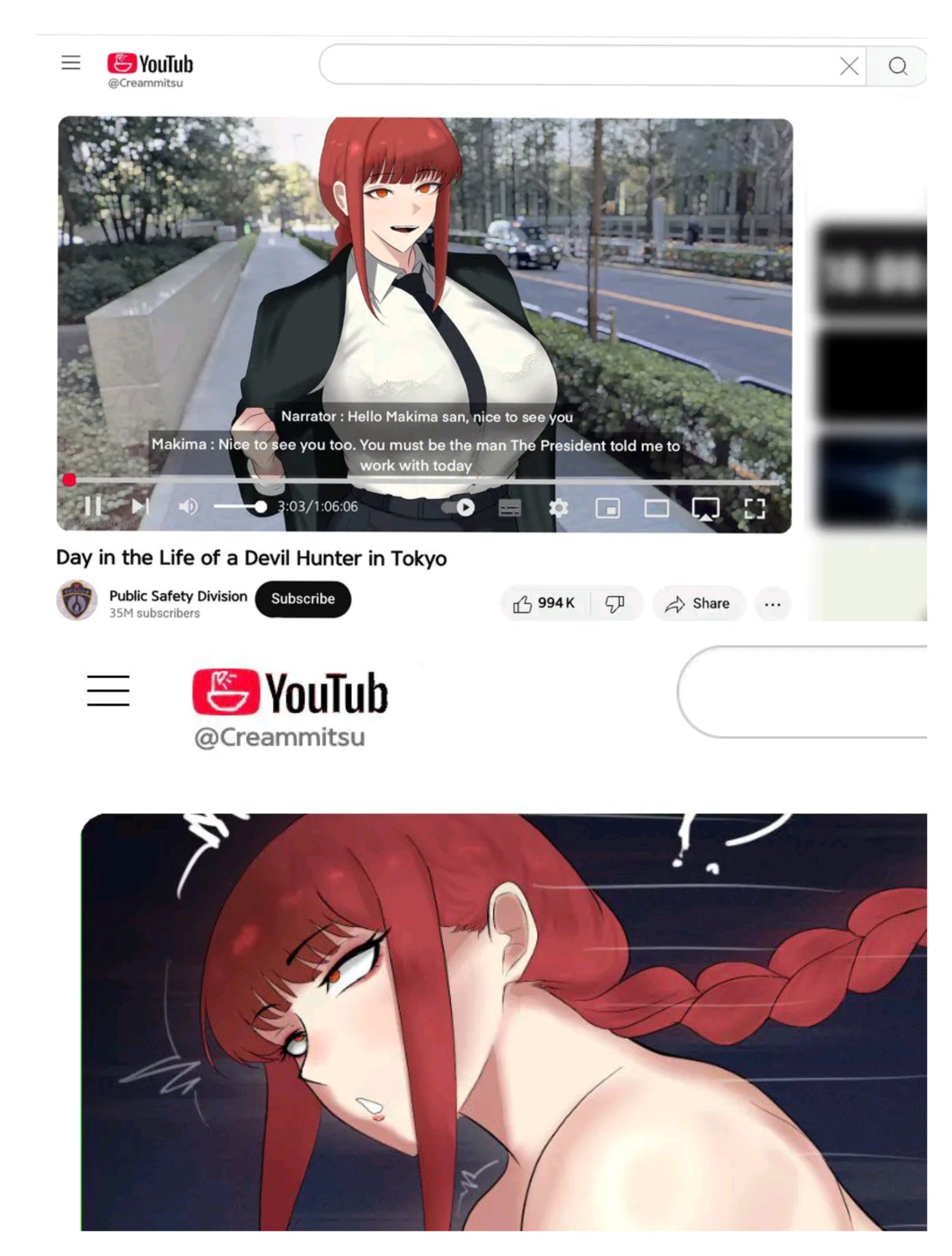 all fours, big breasts, chainsaw man, closed eyes, clothed, clothing, creammitsu, from behind, from behind position, grabbing hair, large breasts, long hair, makima (chainsaw man), open mouth, pulling hair, red hair, tied hair, video camera, video recording, videos, youtube, youtuber girl
