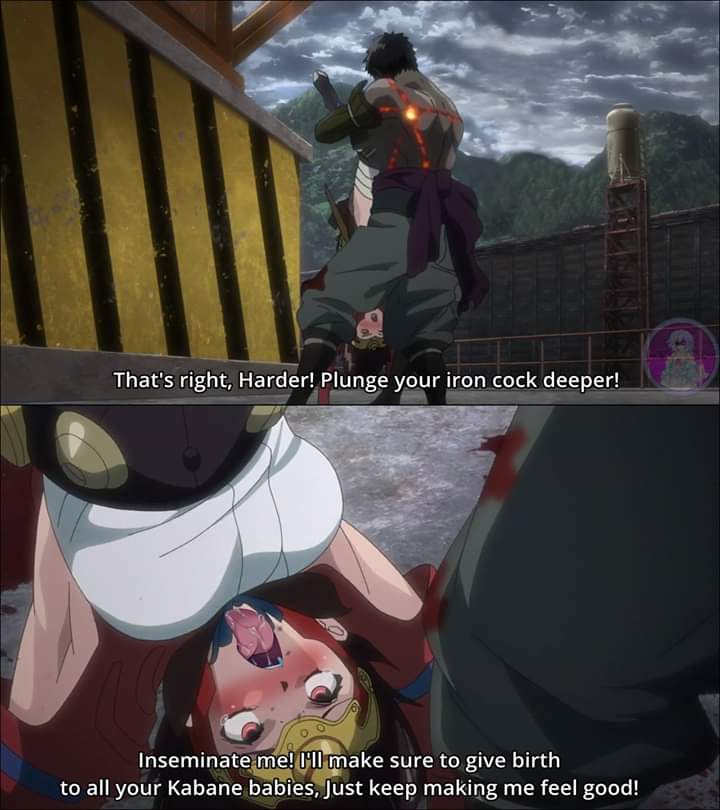 1girls, ahe gao, armpits, blush, blushing, breasts, brown hair, clothing, edit, english text, female, holding leg, holding legs, holding up, impregnation request, koutetsujou no kabaneri, mumei (kabaneri), open mouth, red eyes, red hair, saliva, screencap, screenshot, screenshot edit, sex, tongue, tongue out