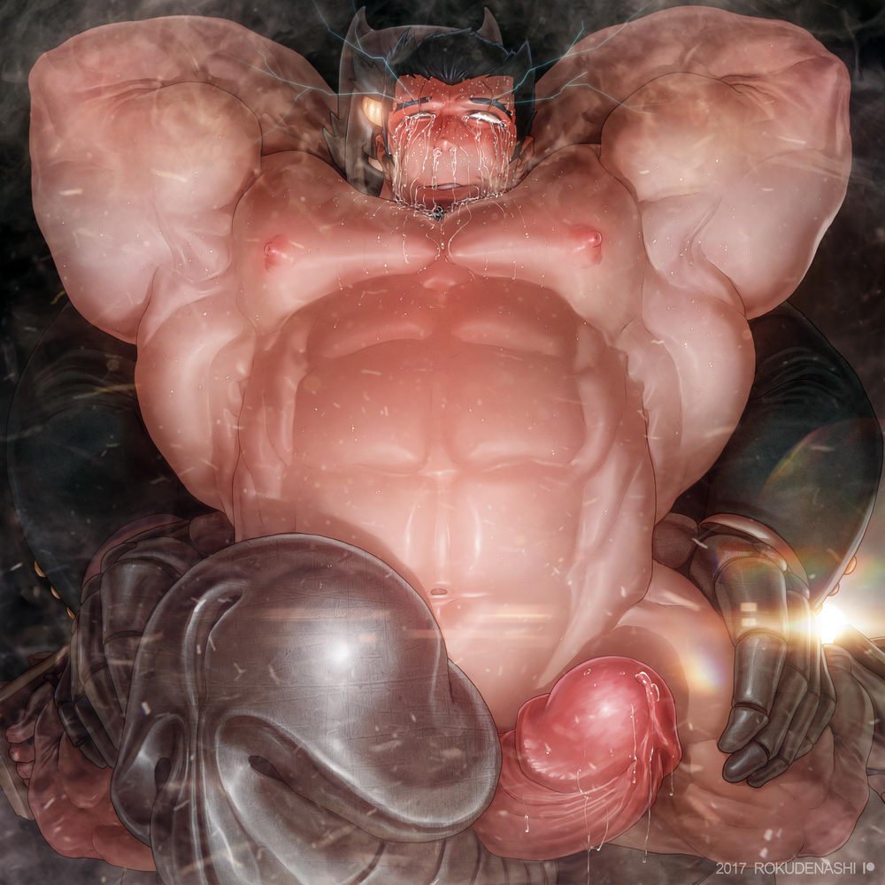 2boys, abs, ahe gao, bara, beefy, big penis, crying, danganronpa, drooling, from behind, gay, hand on thigh, huge cock, hyper penis, looking pleasured, male, male only, masculine male, mechamaru (danganronpa), nidai nekomaru, pecs, penis, penis between legs, robot, rokudenashi, super danganronpa 2, yaoi