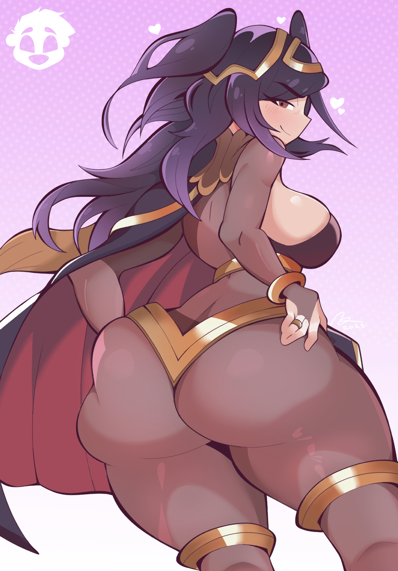 1girls, 2025, ass, back view, big breasts, black hair, blush, bodystocking, brown eyes, cape, dark purple hair, dat ass, female, female only, fire emblem, fire emblem awakening, fire emblem heroes, hi res, large ass, long hair, looking at viewer, looking back, looking back at viewer, nintendo, ottendo, rear view, smiling, smiling at viewer, solo, tharja (fire emblem), thick ass, thick thighs