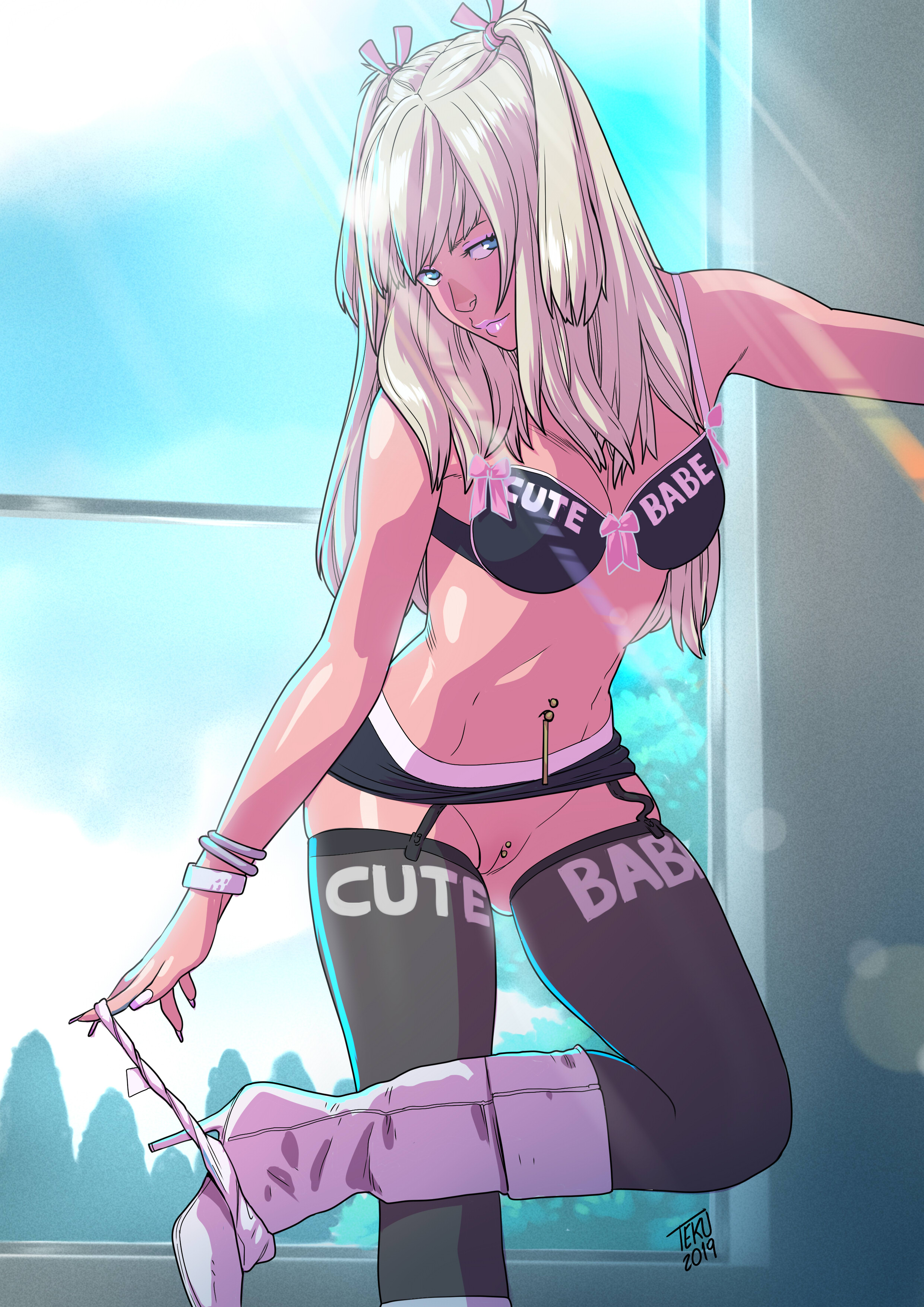1girls, bimbo, blonde hair, blue eyes, boots, bra, bracelet, breasts, clitoris, clitoris piercing, cute, degrading accessory, emma (tekuho), female, female only, genital piercing, high heel boots, high heels, innie pussy, looking at viewer, makeup, nail polish, navel piercing, original, panty pull, piercing, pussy, revealing clothes, skirt, solo, stockings, suspenders, teenager, tekuho, undressing, vagina