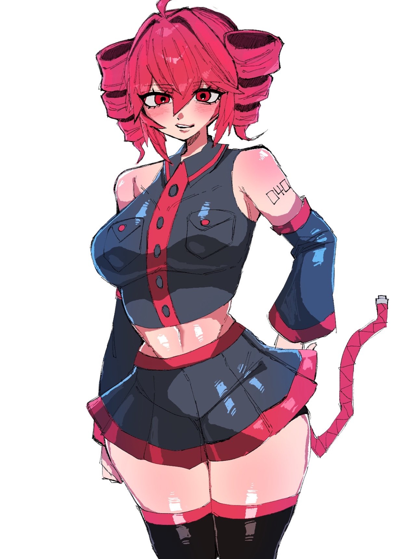 1girls, big breasts, big thighs, dore2801, kasane teto, light-skinned female, red eyes, red hair, skirt, sleeveless shirt, thighhighs, utau