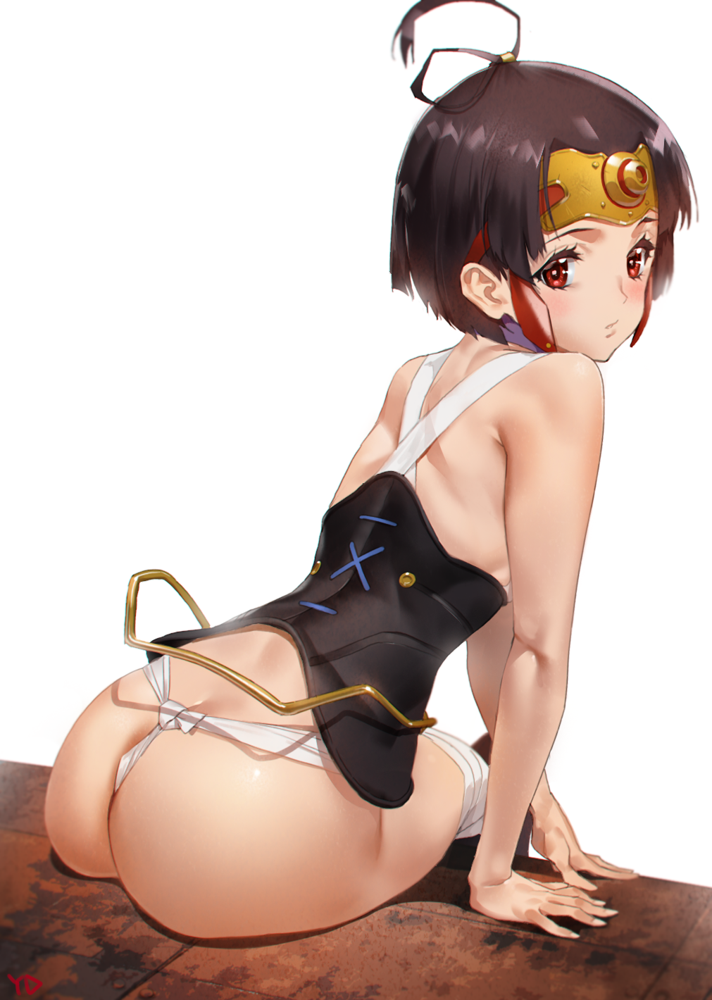 ahoge arm_support ass ass_focus back bandages black_hair blush bob_cut bottomless brown_hair clothing criss-cross_halter female forehead_protector from_behind fundoshi halter_top halterneck high_resolution koutetsujou_no_kabaneri leaning_forward looking_at_viewer looking_back mumei_(kabaneri) panties red_eyes short_hair sitting slender_waist solo underwear wafuku white_background yang-do