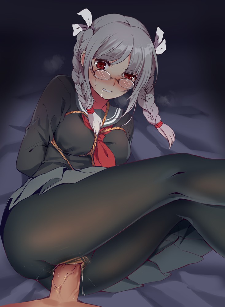 1boy, 1girls, blush, bound, braided hair, danganronpa, female, glasses, grey hair, male, pekoyama peko, penis, pov, pussy, rape, school uniform, straight hair, super danganronpa 2, through clothes, tied up, uncensored, vaginal penetration, veiny penis