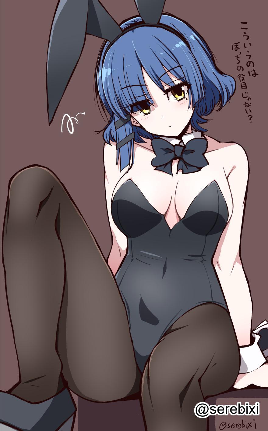 1girls, 2d, 2d (artwork), 2d artwork, arm support, belly, belly button, big breasts, black bowtie, black bunny ears, black bunnysuit, black footwear, black hairband, black high heels, black leotard, black shoes, black topwear, blank expression, blank eyes, blank stare, blue hair, blue-haired female, bocchi the rock!, bored, bored expression, bowtie, breasts, brown background, brown legwear, brown pantyhose, brown stockings, brown tights, bunny ears, bunnygirl, bunnygirl outfit, bunnysuit, busty, busty female, busty girl, calves, cleavage, collar, collarbone, digital, digital art, digital drawing, digital drawing (artwork), digital media, digital media (artwork), emotionless, eyebrows visible through hair, female, female focus, female only, footwear, full body, green eyes, green-eyed female, groin, hair clip, hair clips, hairclip, hairclips, head tilt, high heels, high resolution, high school student, highres, hourglass figure, inframammary fold, inguinal crease, inguinal ligament, knee up, knees, large boobs, large breasts, lean figure, legs, legwear, leotard, looking at viewer, midriff, mole, mole under eye, narrow waist, navel, neutral expression, pantyhose, school girl, serebixi, shoes, short hair, shoulders, simple background, sitting, slender body, slender waist, slim waist, solo, stockings, teen girl, teenage girl, teenager, thighs, tights, tilted head, topwear, white collar, white wrist cuffs, wide hips, wrist cuffs, yamada ryou, young female, young woman