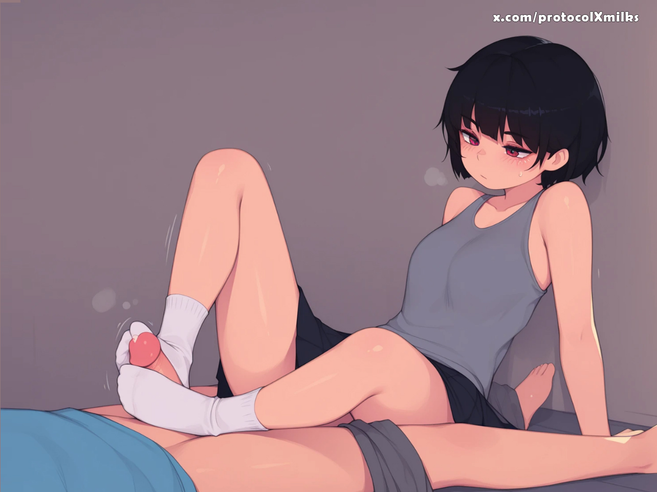 1boy, 1girls, ai generated, arm support, bangs, bare shoulders, black hair, black skirt, blush, breasts, brother and sister, closed mouth, cock, collarbone, embarrassed, feet, feetjob, female, footjob, grey shirt, grey tank top, incest, light skin, light-skinned female, light-skinned male, penis, protocolxmilks, red eyes, shirt, short hair, shorts, side view, simple background, sister, sitting, skirt, sleeveless, sloppy, sockjob, socks, solo focus, straight, sweatdrop, tank top, toes, two-footed footjob, uncensored