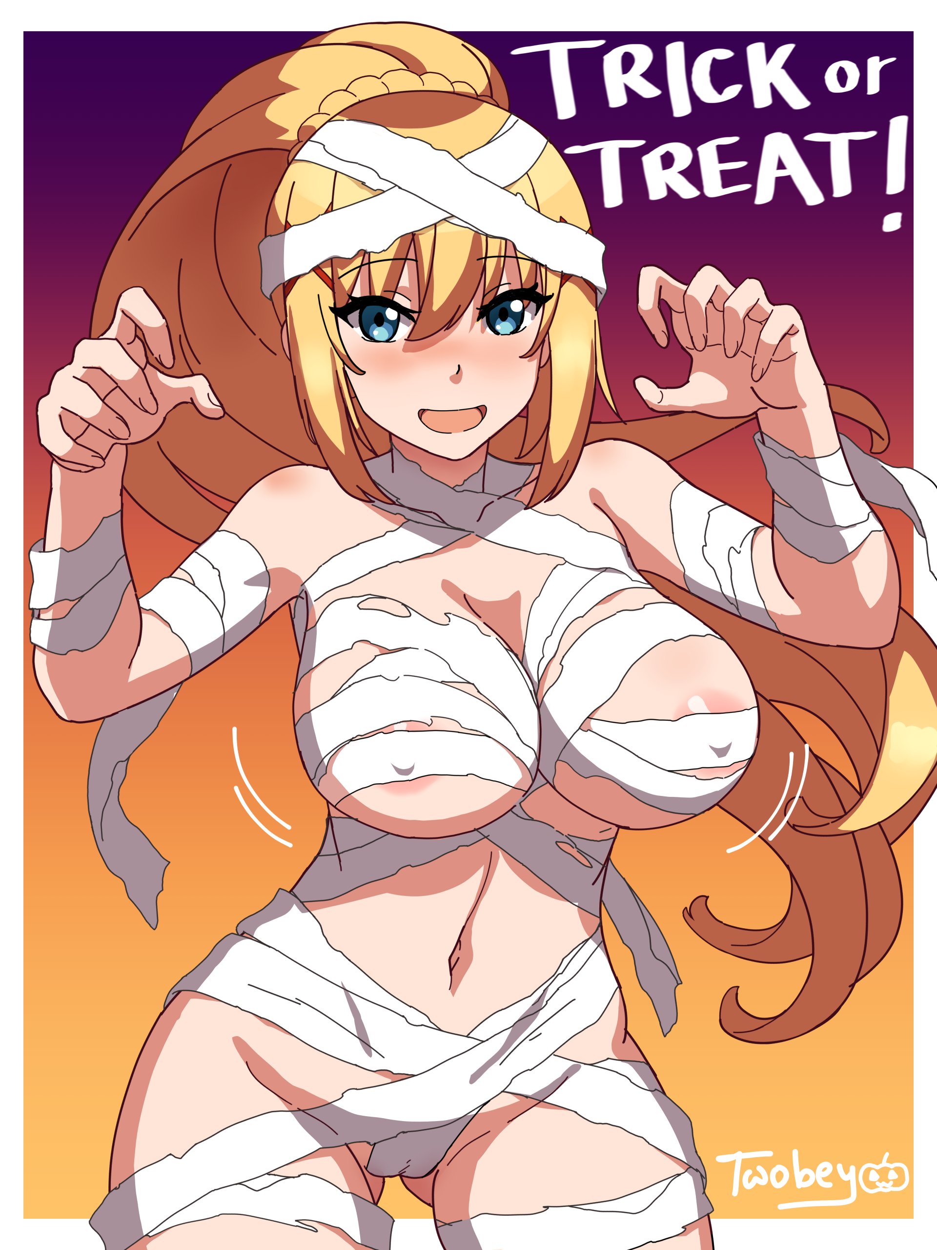 1girls, 2023, alternate version available, areola slip, areolae, big breasts, blonde hair, blue eyes, breasts, darkness (konosuba), english, english text, female, female only, hair, halloween, halloween costume, halloween theme, kono subarashii sekai ni shukufuku wo!, motion lines, mummy, mummy costume, mummy wrappings, revealing clothes, solo, solo female, twobey, wrappings