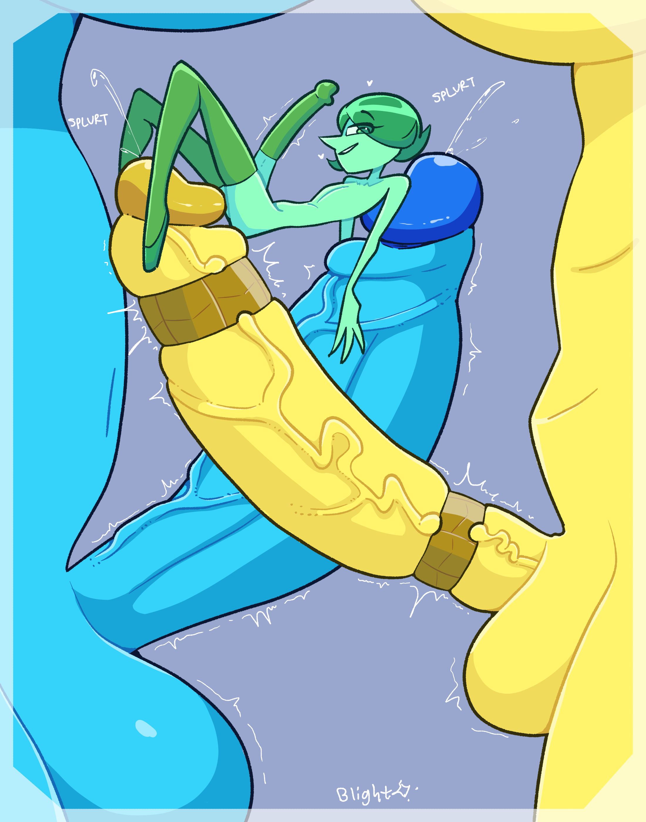 1boy, 2futas, ballet boots, balls, blightstar, blue body, blue diamond (steven universe), cartoon network, cock ring, cock sleeve, diamond authority, focus on penis, frottage, futa giantess, futanari, giantess, giantess futa, green body, large breasts, laying on penis, looking at viewer, male, miniguy, nacre (blightstar), original, original character, pearl (gem), penis, penis size difference, pointy nose, precum, steven universe, veiny penis, yellow body, yellow diamond (steven universe)