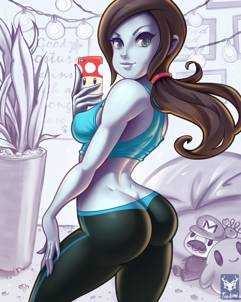 ass curvy dat_ass detailed_background female_only foxilumi leggings long_hair looking_at_viewer nintendo plushie selfie sports_bra thick tight_clothing video_games wii_fit_trainer