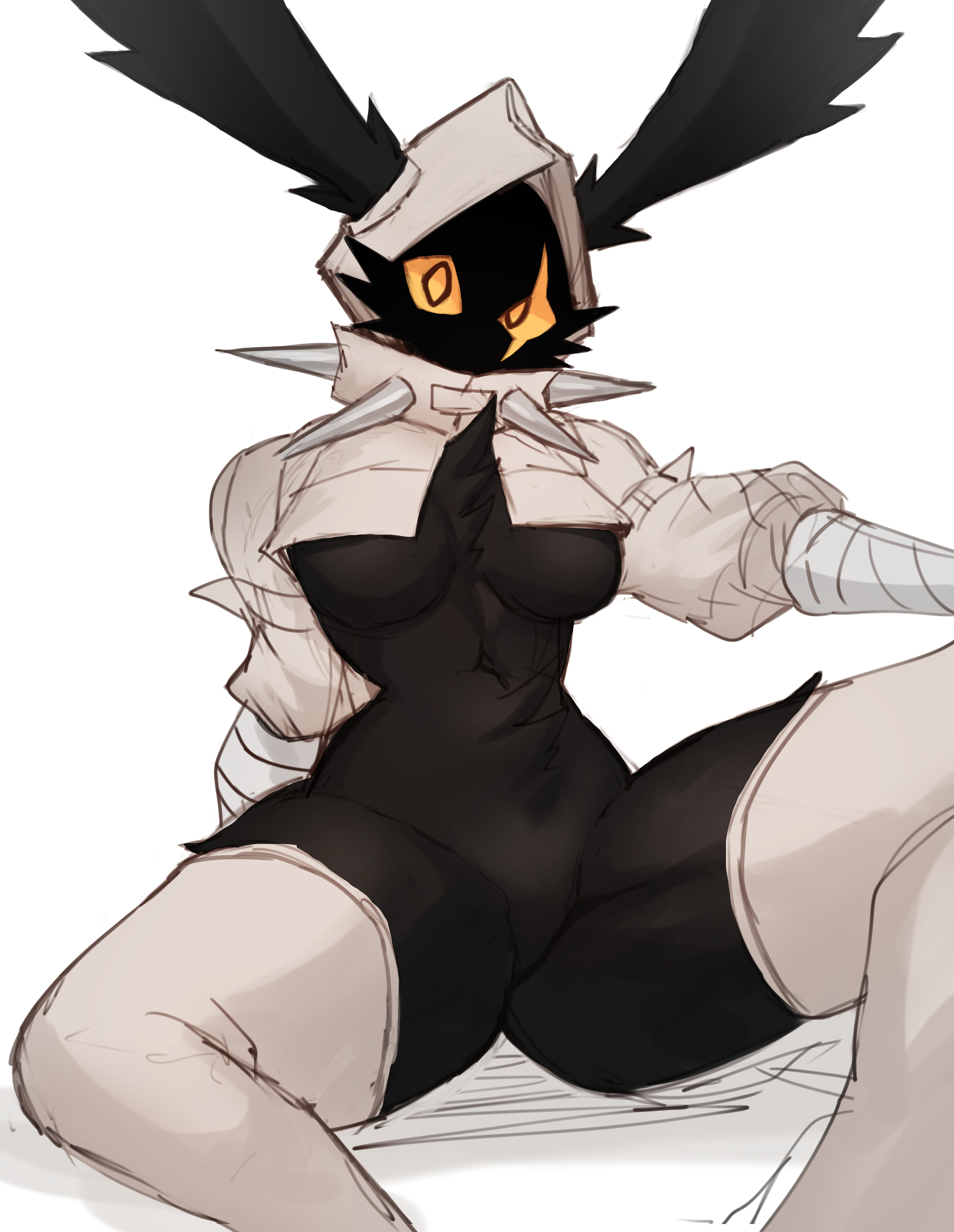 1girls, black fur, breasts, bunny ears, bunny girl, cropped hoodie, female, female focus, female only, fur, furry, furry female, furry only, kil vi, legs apart, looking at viewer, scar, scar across eye, solo, solo female, solo focus, sookmo, spread legs, thick thighs, thighhighs, thighs, underboob, yellow eyes, yellow sclera