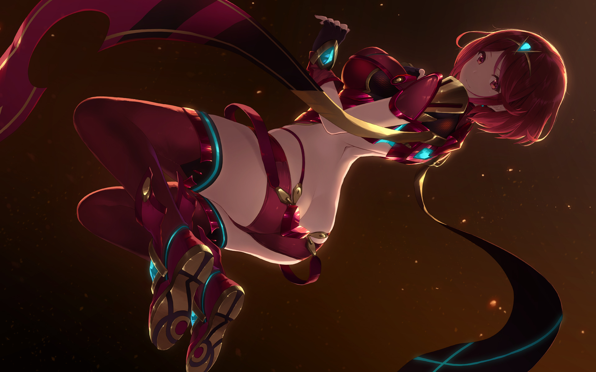 1girls, ass, ass crack, bangs, boots, breasts, butt crack, cait, commentary, covered navel, earrings, female, fingerless gloves, gloves, highres, jewelry, large breasts, looking at viewer, nintendo, pyra, red background, red eyes, red hair, red shorts, shorts, shoulder armor, sidelocks, smile, solo, swept bangs, thighhighs, tiara, xenoblade (series), xenoblade chronicles 2