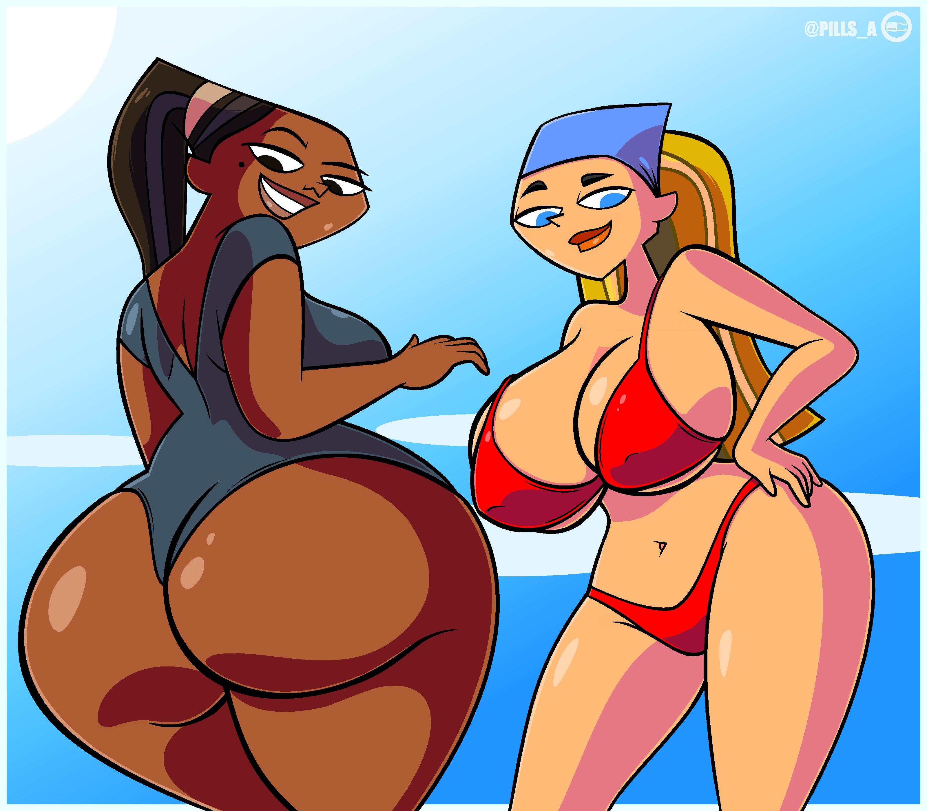 2girls, ass, backboob, big ass, big breasts, bikini, bikini bottom, bikini top, bimbo, black eyes, black hair, black swimsuit, blonde hair, blue eyes, breasts, fat ass, female, female only, hair, hand on hip, headwear, hips, huge ass, huge breasts, large ass, large breasts, leshawna (tdi), lindsay (tdi), lips, long hair, mole, mole under eye, one-piece swimsuit, pills-in-a-little-cup, red bikini, swimsuit, swimwear, thick lips, thick thighs, thighs, tied hair, total drama island, wide hips