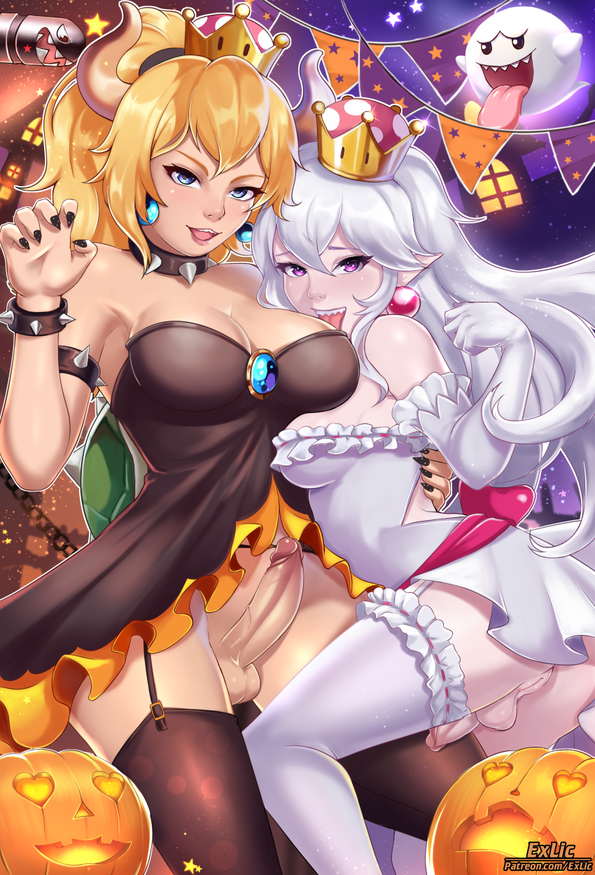 2019, 2futas, ass, backsack, balls, balls under clothes, ballsack, big breasts, blonde hair, blue eyes, boo (mario), boosette, bottomless skirt, bowsette, bracelet, breasts, bullet bill, cleavage, collar, crown, curvy, dress, earrings, erection, erection under clothes, erection under skirt, exlic, exposed pussy, female, full-package futa, futa only, futa transformation, futa with futa, futanari, genderswap, ghost, ghost girl, hair, halloween, heart, horn, intersex, large ass, large breasts, long hair, mario (series), new super mario bros. u deluxe, nintendo, penis, penis out, penis under clothes, penis under dress, penis under skirt, pumpkin, purple eyes, pussy, rule 63, shell, skirt, small penis, spiked bracelet, spiked collar, spiked shell, super crown, super mario bros., testicles, thighhighs, transformation, video games, white hair