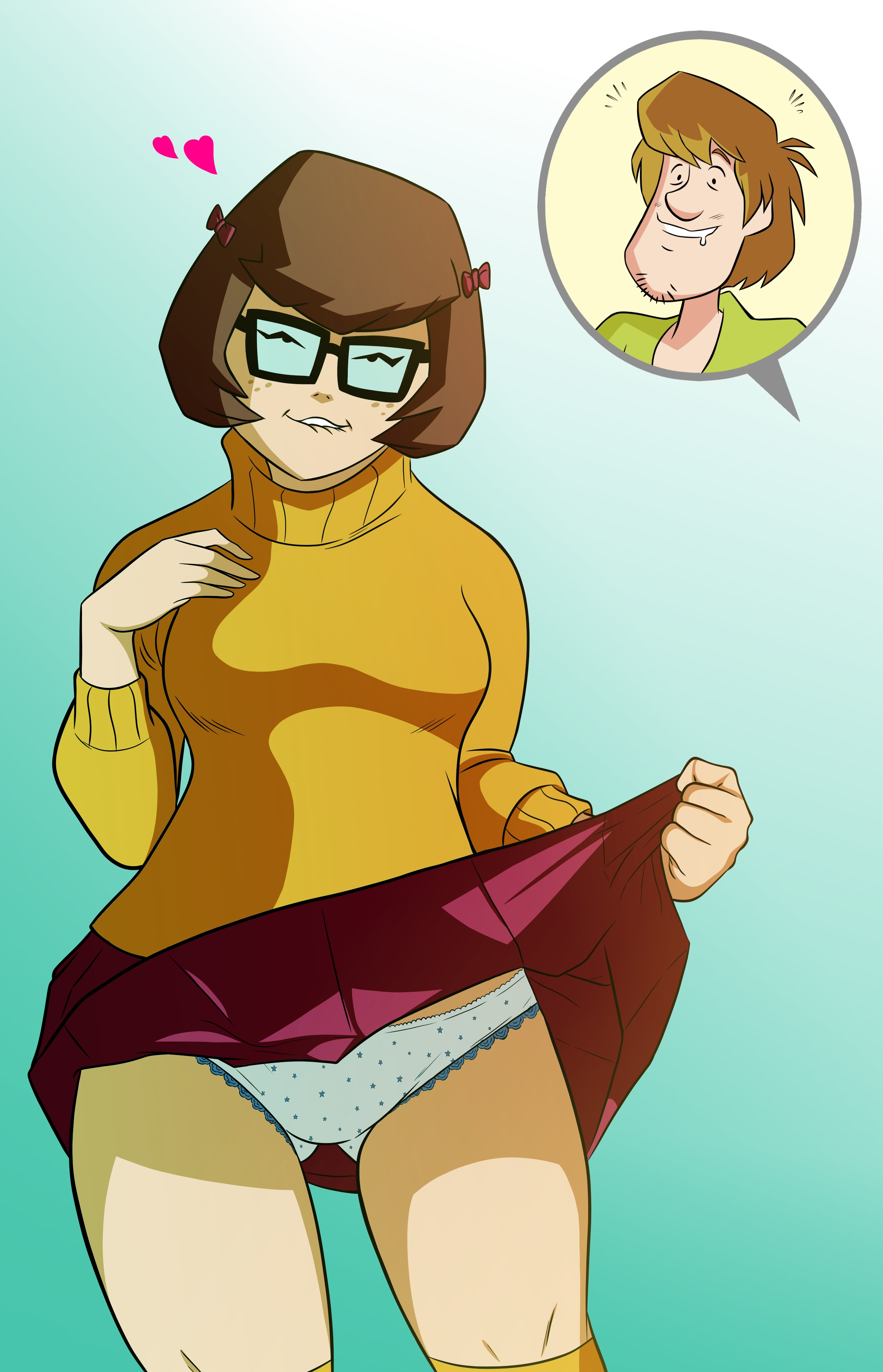 female, hanna-barbera, mystery inc, panties, scooby-doo, shaggy rogers, skirt lift, velma dinkley, white panties