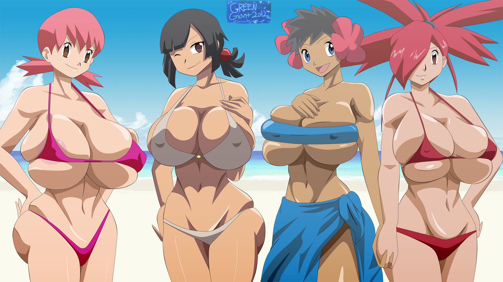 4girls, abs, alternate breast size, alternate outfit, arms behind back, bandeau, beach, big breasts, bikini, bikini top, black hair, blue eyes, breasts, brown eyes, clothed, dark skin, dark-skinned female, elite four, eye contact, female, female only, fit, fit female, flannery (pokemon), greengiant2012, group, huge breasts, human, human only, large breasts, legs, long hair, looking at viewer, multiple females, multiple girls, nintendo, panties, phoebe (pokemon), pink bikini, pink hair, pokemon, pokemon gsc, pokemon hgss, pokemon oras, pokemon rse, ponytail, red bikini, red eyes, red hair, sand, sarong, short hair, smile, smiling, thick thighs, tropical, voluptuous, water, whitney (pokemon), wide hips, wink, zinnia (pokemon)