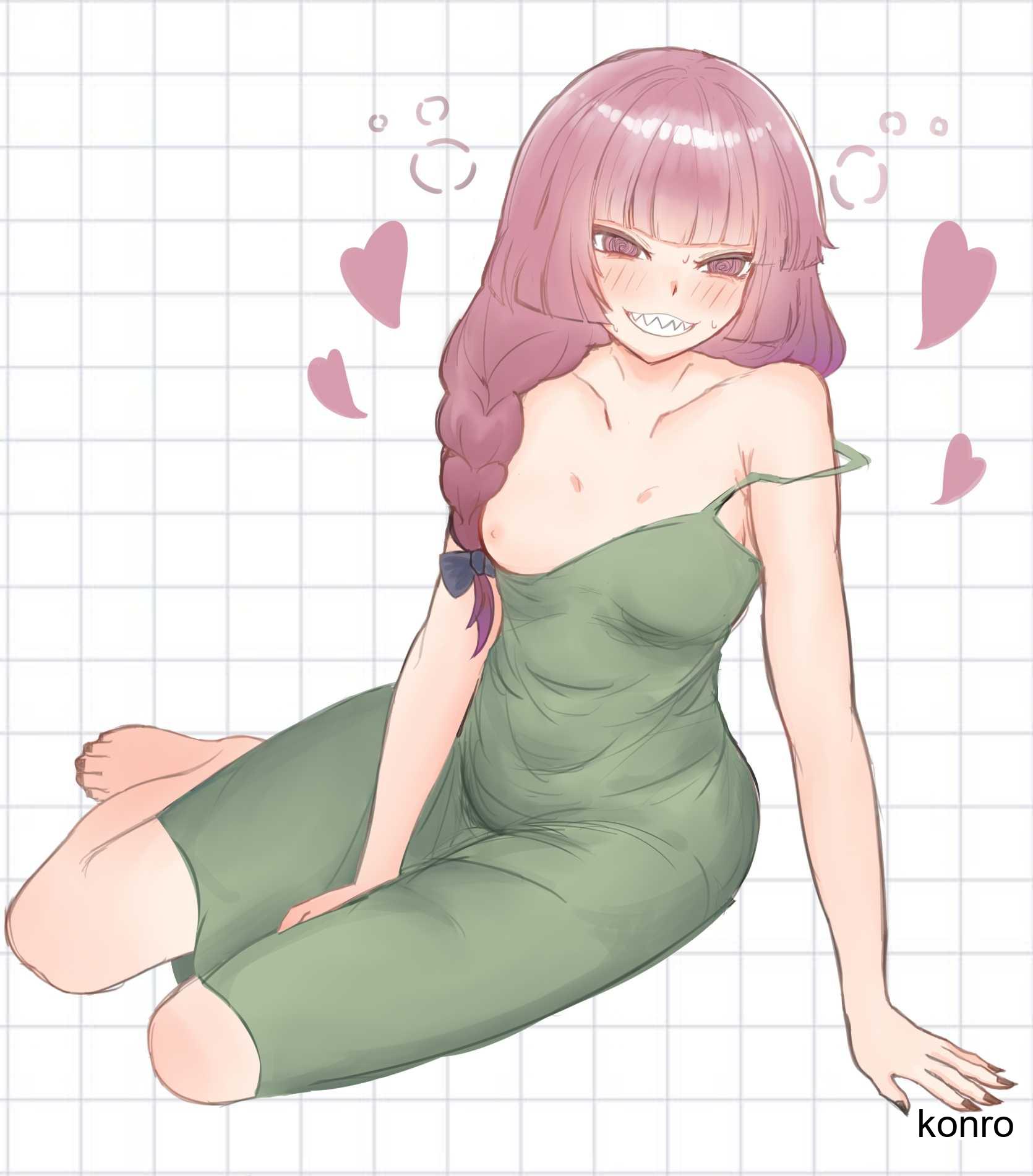 1girls, 2d, 2d (artwork), 2d artwork, adult, adult female, areola, areolae, arm support, bare arms, bare breasts, bare calves, bare hands, bare knees, bare nipples, bare shoulders, bare skin, bare soles, bare tits, bare toes, barefoot, black fingernails, black hair ribbon, black hair tie, black nail polish, black nails, black ribbon, black toenail polish, black toenails, blush, blush face, blushing at viewer, blushing female, blushing lines, bocchi the rock!, braid, braided hair, braided ponytail, braids, breasts, clothes, collarbone, digital, digital art, digital drawing, digital drawing (artwork), digital media, digital media (artwork), dress, dress strap slip, drugged, drunk, drunk blush, drunk female, drunken eyes, exposed arms, exposed breasts, exposed nipples, exposed shoulders, exposed skin, exposed toes, feet, female, female focus, female only, fingernails, fingers, full body, green clothes, green dress, green outfit, green topwear, grin, grinning, grinning at viewer, groin, hair ribbon, hair tie, heart, hearts around head, high resolution, highres, hiroi kikuri, knees, konro, lean figure, legs, long hair, looking at viewer, mature, mature female, nail polish, nails, narrow waist, nipples, outfit, parted lips, petite, petite body, petite breasts, petite female, petite girl, petite tits, pink areola, pink areolae, pink nipples, ponytail, purple eyes, purple hair, purple-eyed female, purple-haired female, ribbon, seductive grin, sharp teeth, shoulders, simple background, single braid, sitting, slender body, slender waist, slim waist, small breast, small breasts, smile, smiley face, smiling, smiling at viewer, solo, strap slip, thighs, tiny breasts, toenail polish, toenails, toes, topwear, uncensored, uncensored breasts, uncensored nipples, white background