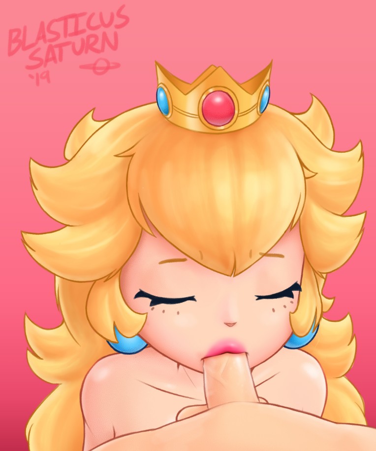 1boy 1girls balls blasticussaturn blonde_hair closed_eyes fellatio female long_hair male mario_(series) nintendo nude oral penis pink_background princess_peach simple_background testicles video_games