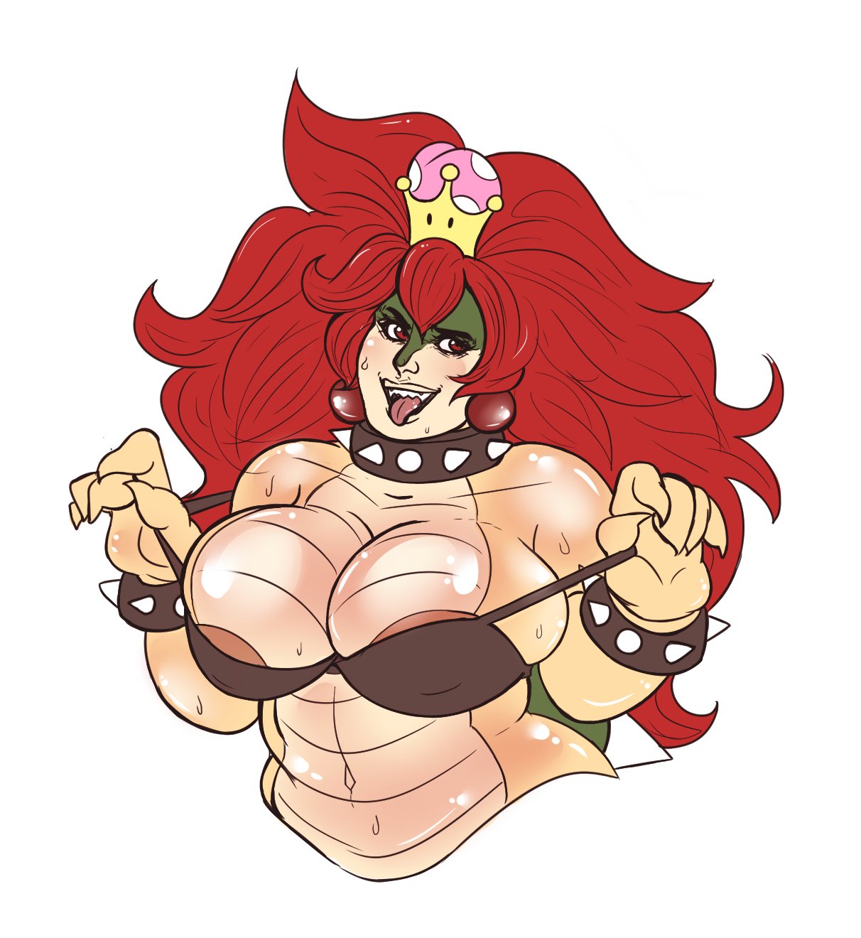 1girls big_hair bowser bowsette bra_pull female_bowser genderswap huge_breasts kikis_tavern long_hair mario_(series) muscular_female new_super_mario_bros._u_deluxe nintendo red_hair solo sweat tagme undressing white_background