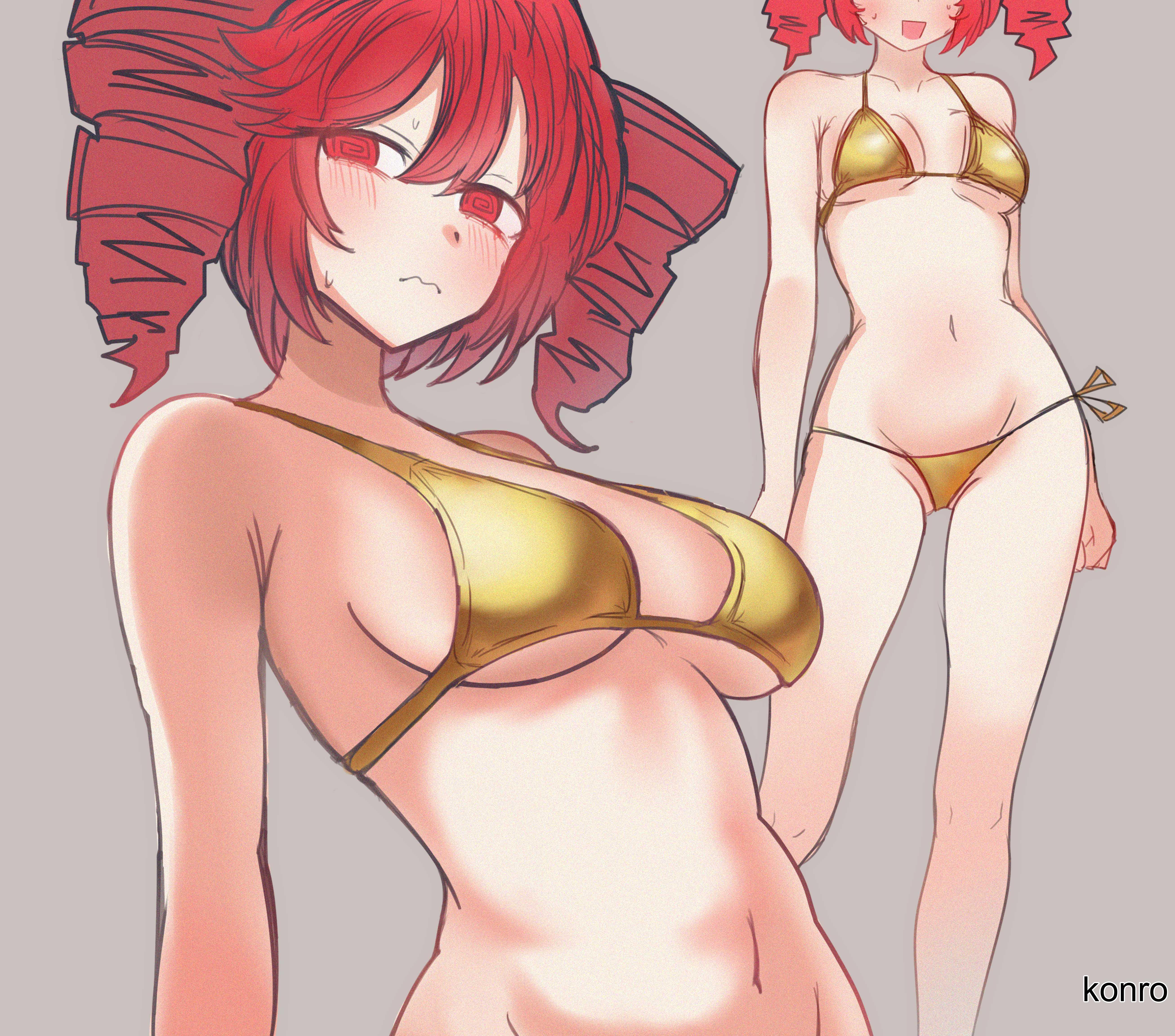 @ @, 1girls, 2d, 2d (artwork), 2d artwork, adult, adult female, almost naked, almost nude, bare arms, bare belly, bare calves, bare chest, bare hands, bare hips, bare knees, bare legs, bare midriff, bare navel, bare shoulders, bare skin, bare thighs, belly, belly button, big breasts, bikini, bikini bottom, bikini only, bikini top, blush, blush face, blushing at viewer, blushing female, blushing lines, breasts, busty, busty female, busty girl, calves, collarbone, curvaceous, curvaceous body, curvaceous female, curvaceous figure, curvaceous hips, curvy, curvy body, curvy female, curvy figure, curvy hips, digital, digital art, digital drawing, digital drawing (artwork), digital media, digital media (artwork), drill hair, drill twintails, embarrassed, embarrassed exposed female, embarrassed expression, embarrassed female, embarrassed nude female, exposed arms, exposed belly, exposed chest, exposed hips, exposed legs, exposed midriff, exposed navel, exposed shoulders, exposed skin, exposed thighs, female, female focus, female only, flustered, flustered female, gold bikini, gold bikini bottom, gold bikini top, gold swimsuit, gold swimwear, grey background, groin, hair between eyes, halterneck, head tilt, high resolution, highres, hourglass figure, inframammary fold, inguinal crease, inguinal ligament, kasane teto, knees, konro, large boobs, large breasts, lean figure, legs, long hair, looking at viewer, looking down, looking down at viewer, mature, mature female, midriff, mostly nude, naked, naked female, naked woman, narrow waist, navel, nearly nude, nude, nude female, nudity, open mouth, open mouth smile, parted lips, practically nude, red eyes, red hair, red-eyed female, red-haired female, shoulders, side-tie bikini, simple background, slender body, slender waist, slim waist, solo, standing, string bikini, swimsuit, swimwear, swirly eyes, thigh gap, thighs, tilted head, tongue, underboob, vocaloid, wide hips