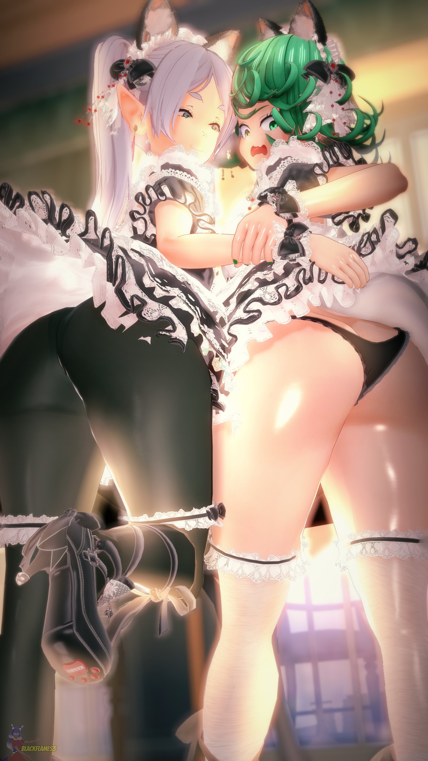 2girls, 3d, 3d (artwork), ass, ass focus, back view, big ass, big thighs, blackflames3, blush, breasts, cat ears, crossover, dat ass, elf, elf ears, elf female, elf girl, female, female focus, female only, frieren, green eyes, green hair, leggings, legwear, light skin, light-skinned female, long hair, maid, maid headdress, maid outfit, maid uniform, one-punch man, panties, short hair, small breasts, sousou no frieren, tatsumaki, thick thighs, thighs, twintails, white hair