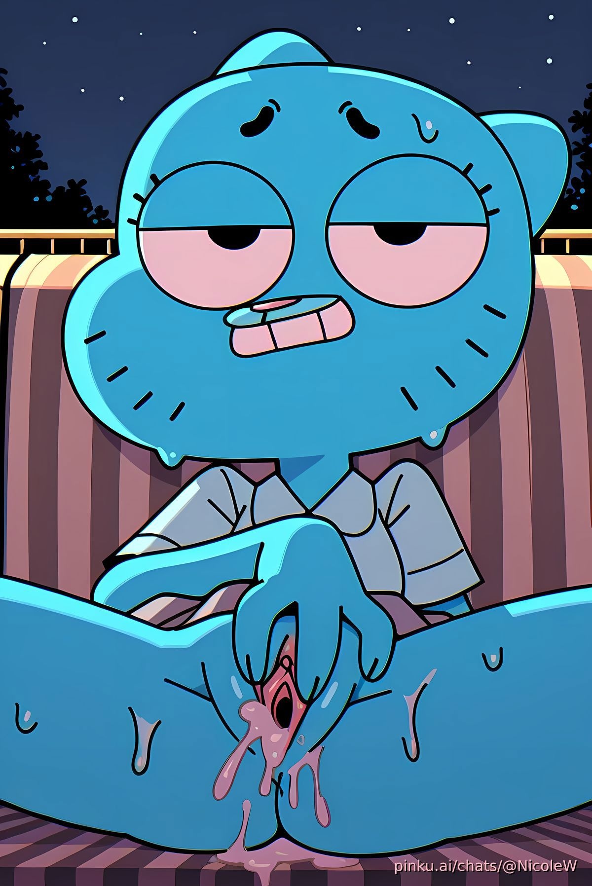 accurate art style, ai generated, bench, exibitionism, justsomebuddy, nicole watterson, park, park bench, pinku.ai, public masturbation, public nudity, the amazing world of gumball