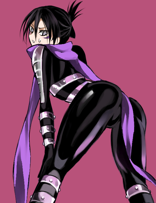 1boy 2015 ass ass_focus black_bodysuit black_hair bodysuit femboy makeup male male_focus male_only md5_mismatch one-punch_man purple_eyes scarf short_hair simple_background solo solo_male speed-o'-sound_sonic sweat tight_bodysuit trap twink yoku_(chocolateq)