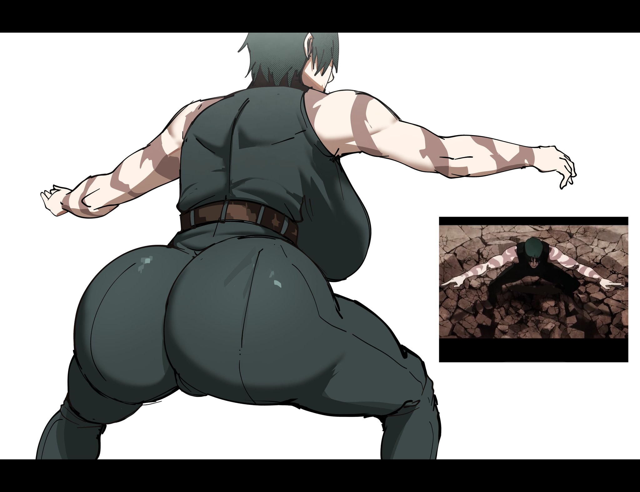 anime reference, ass bigger than head, big ass, big breasts, breasts bigger than head, bubble butt, clothed, clothing, fat ass, green hair, huge ass, huge breasts, jujutsu kaisen, large breasts, maki zenin, milky breast, pose, reference, reference image, round breasts, scar, scars, scars all over, shinhyunxi, short hair, thick thighs, thighhighs, thighs, toned female, white background, zenin maki