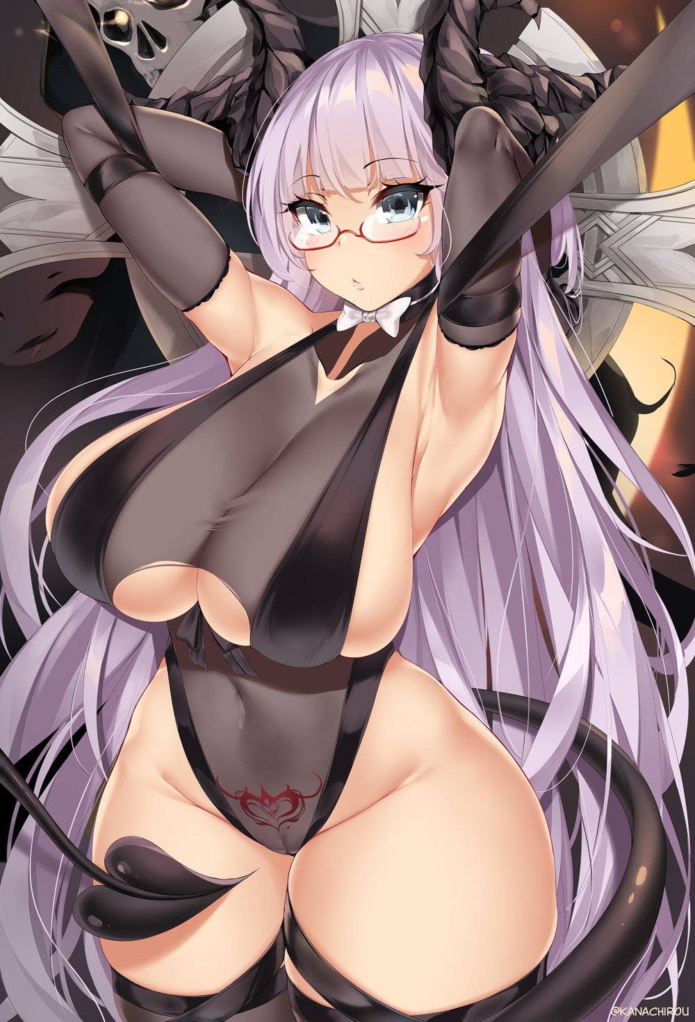 armpits arms_behind_head azur_lane black_gloves blue_eyes bow bowtie breasts cameltoe covered_navel cowboy_shot demon_tail elbow_gloves female glasses gloves gneisenau_(azur_lane) gneisenau_(nightmarish_succubus)_(azur_lane) highres horns huge_breasts kanachirou long_hair looking_at_viewer pubic_tattoo purple_hair red-framed_eyewear see-through skeleton skindentation solo tail tattoo thick_thighs thighs twitter_username underboob_cutout very_long_hair white_neckwear