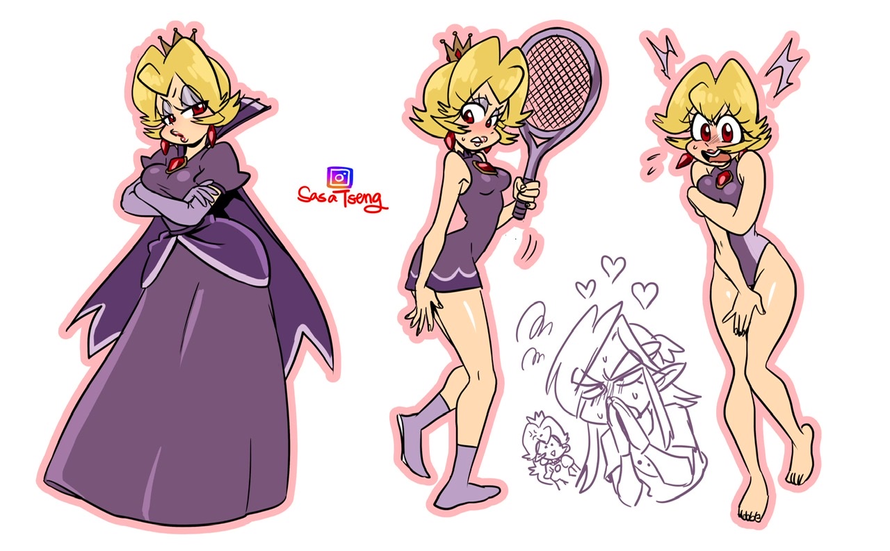 alternate costume, artist signature, big breasts, breasts, clothing, crown, dress, embarrassed, eyeshadow, female, link, link (breath of the wild), lipstick, mario (series), mario and sonic at the olympic games, mario tennis, nintendo, one-piece swimsuit, paper mario, paper mario: the thousand-year door, princess peach, purple clothing, purple eyeshadow, red lipstick, sasatseng, shadow peach, shadow queen, short dress, swimsuit, tennis, tennis racket, the legend of zelda, thighs