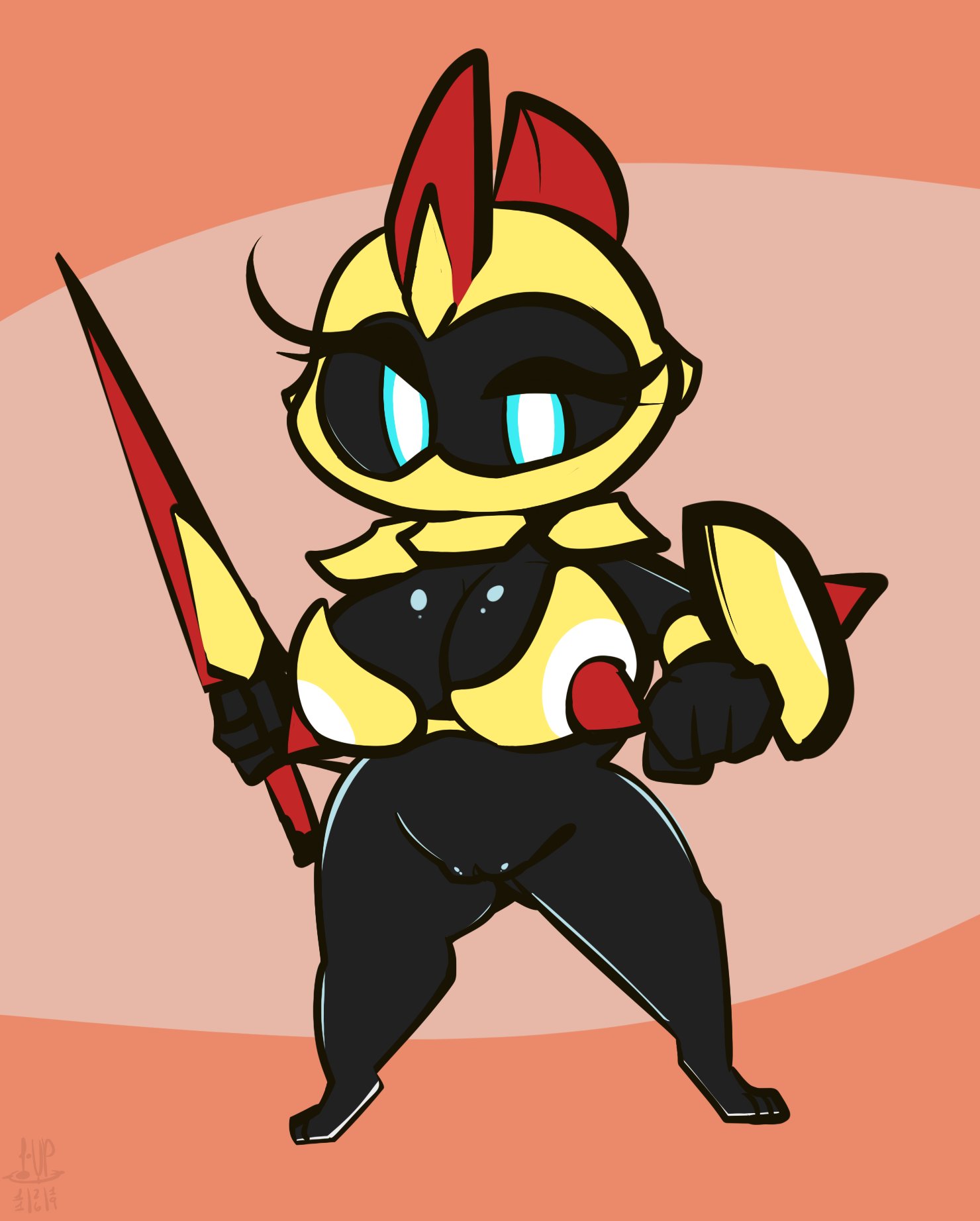 1-upclock, 10s, 1girls, 2019, anthro, anthrofied, armor, big eyes, bottomless, breasts, chubby, dated, eye contact, eyelashes, falinks, female, half-closed eyes, helmet, huge breasts, knight, lance, looking at viewer, nintendo, original character, pokemon, pokemon (species), pokemon ss, pussy, shield, shortstack, solo, sword, tairetsu, text, thick thighs, thigh gap, warrior, watermark, wide hips