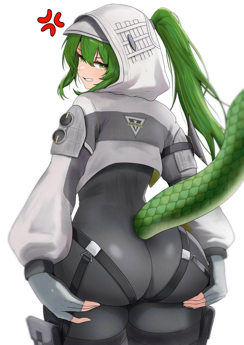 anger vein, arknights, arknights: endfield, black bodysuit, bodysuit, clenched teeth, commentary, cowboy shot, female, female only, fingerless gloves, fluorite (arknights: endfield), from behind, gloves, grabbing own ass, green eyes, green hair, highres, hood, hood up, lizard tail, long sleeves, looking at viewer, looking back, puffy long sleeves, puffy sleeves, reptile girl, simple background, solo, sora mame (princess 0sora), tail, teeth, white background, white gloves