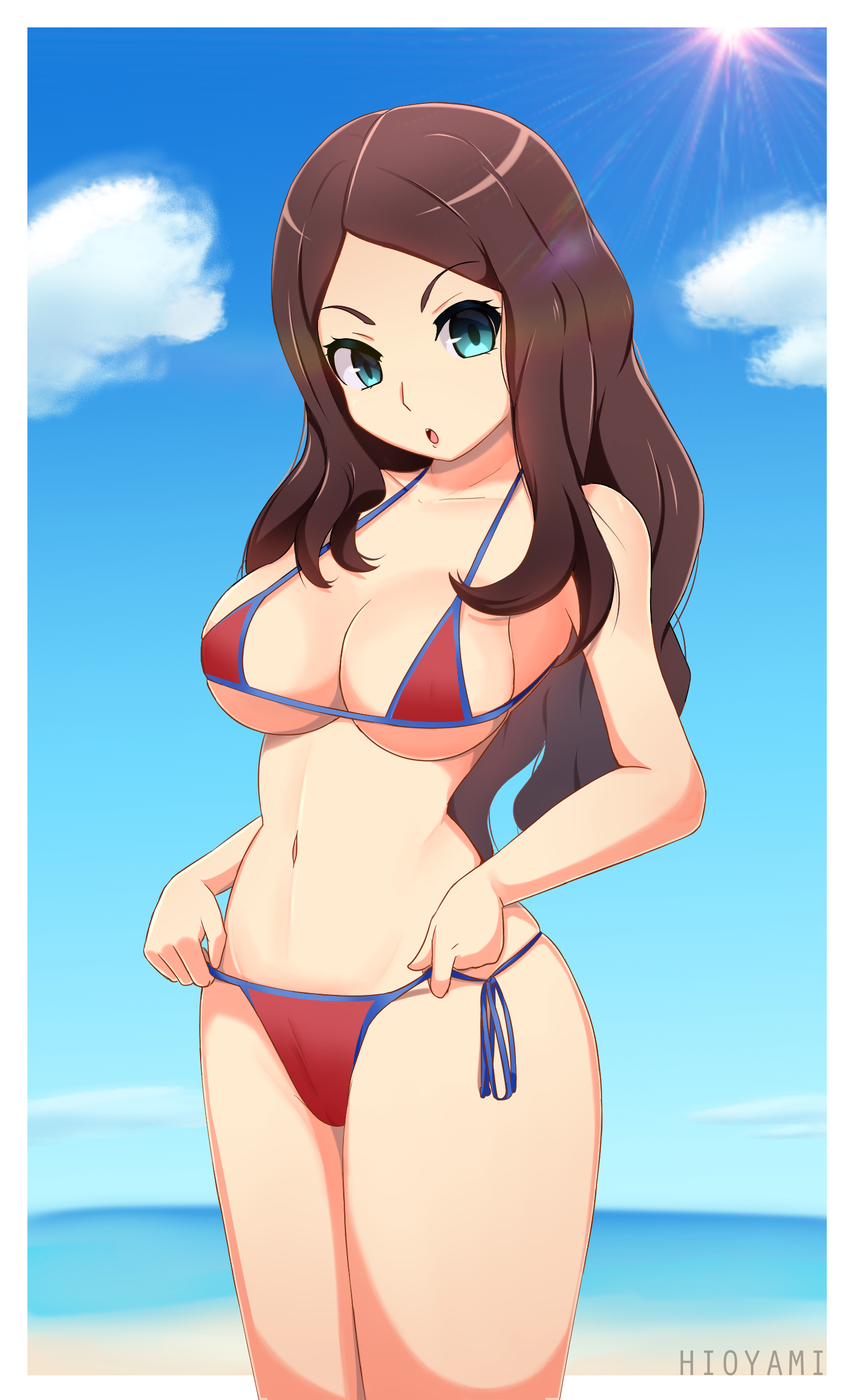 1girls, beach, belly button, bikini, blue eyes, breasts, brown hair, clouds, fate (series), fate/grand order, female, holding panties, large breasts, leonardo da vinci (fate/grand order), long hair, long-haired female, mouth open, ocean, tagme, white skin