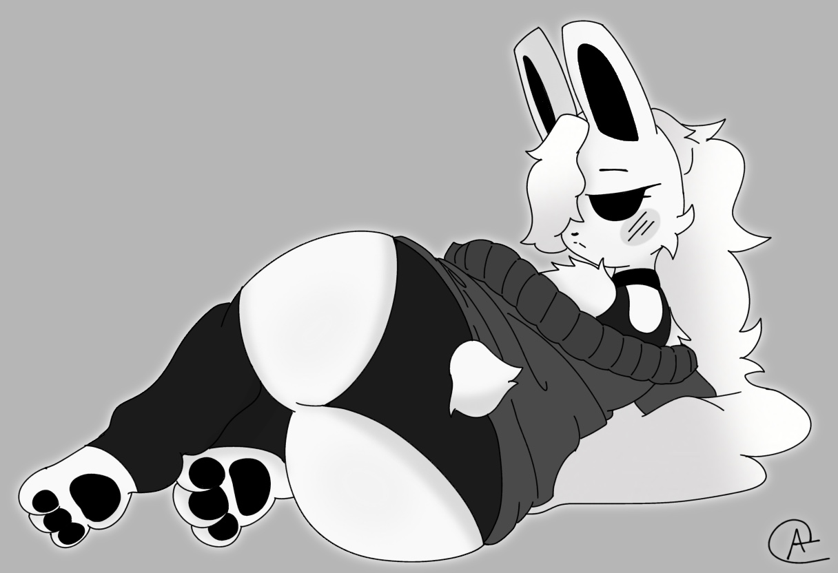 1girls, at.draws, at.scribble, big butt, cube 459 (geometry dash), feet, female, female only, femgram, flat colors, geometry dash, grey background, pawpads, paws, rabbit, tagme, white body
