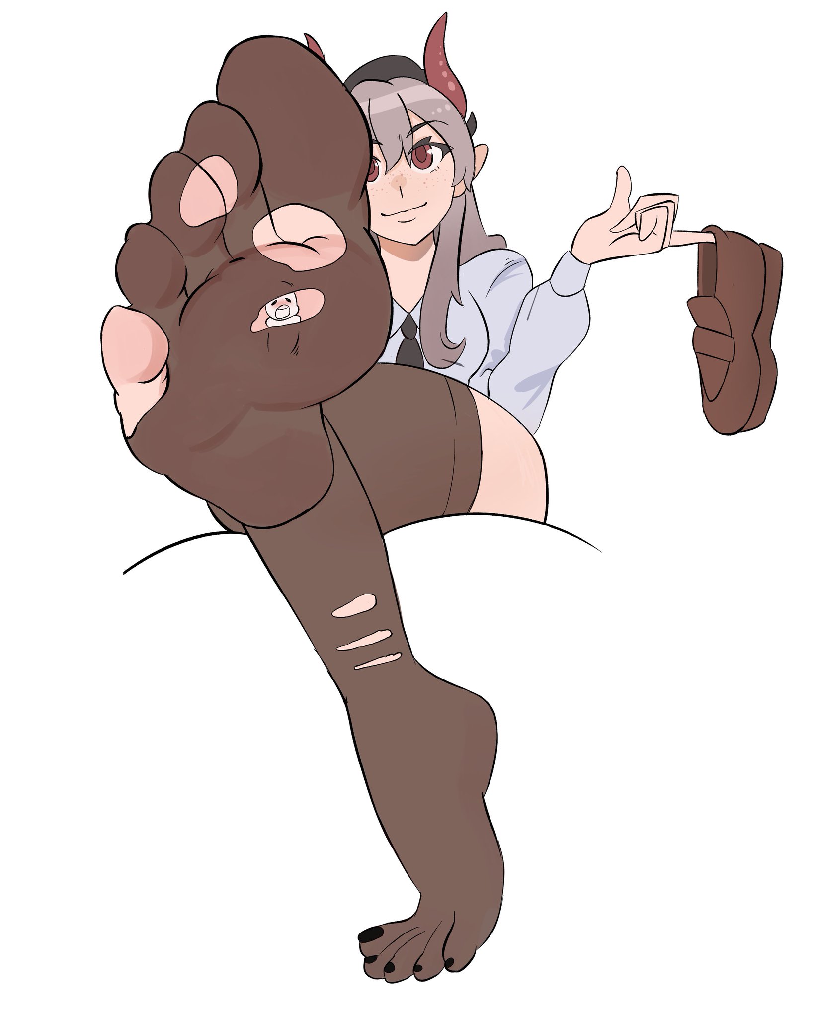black nails, blush, dress shirt, feet, feet visible through clothing, female, foot fetish, foot focus, freckles, giantess, horns, legs crossed, loafers, original character, pantyhose, red eyes, smile, tie, tinyramens, torn pantyhose, trapped in clothing