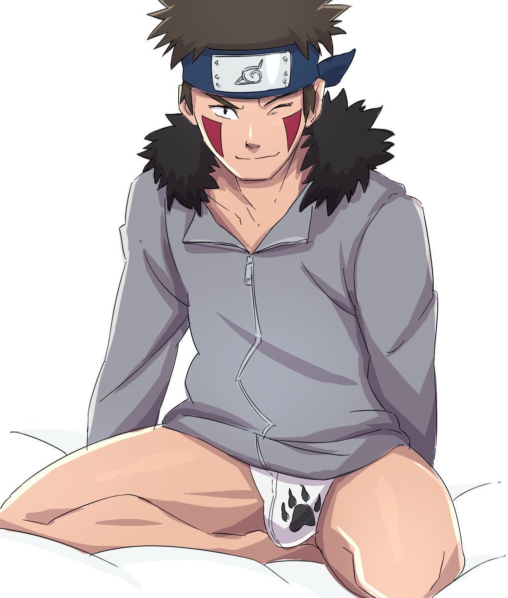 1boy, alolan boy, bed sheet, black eyes, briefs, brown hair, bulge, clothing, facepaint, flaccid, forehead protector, headband, inuzuka kiba, jacket, kneeling, legs, looking at viewer, male, male only, naruto, naruto (series), on knees, one eye closed, panties, penis, pose, posing, sitting, solo, solo focus, solo male, tan skin, uncensored, white background, white panties, wink