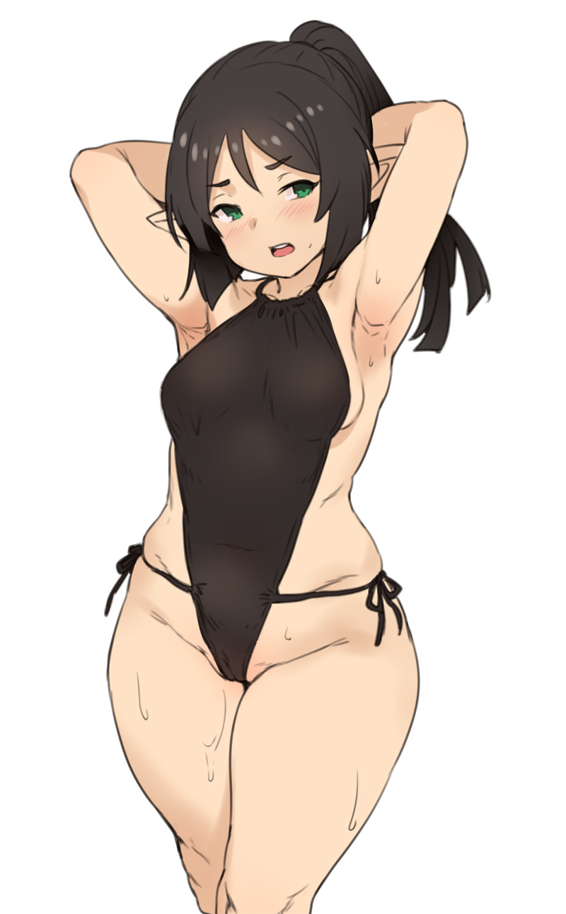 1girls, armpits, arms behind head, arms up, blush, breasts, cameltoe, cleavage, elf, female, female only, houtengeki, one-piece swimsuit, pussy, solo, swimsuit, thick thighs, wide hips