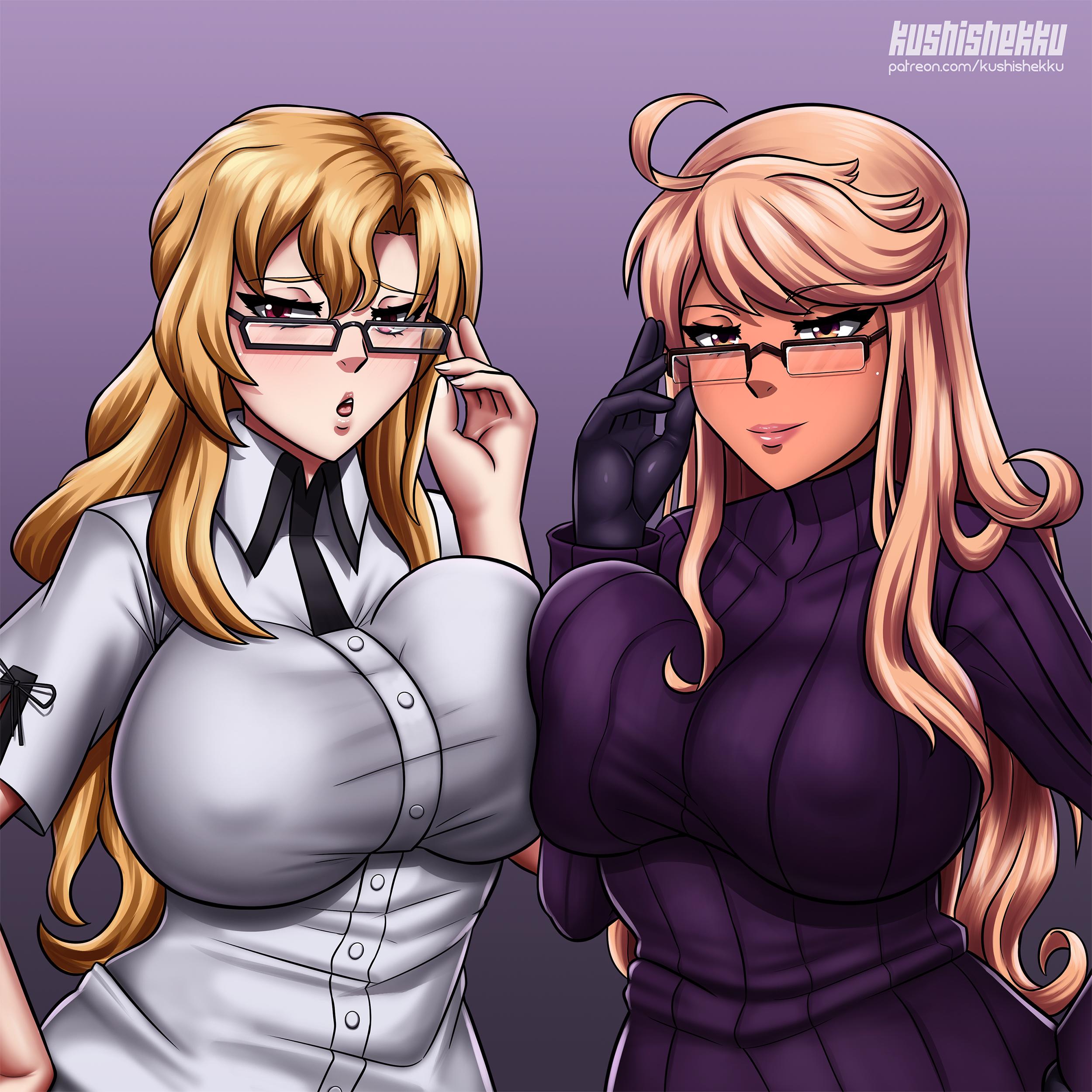 2girls, absurd res, alma armas, artist name, big breasts, blonde hair, breast squish, breasts, clothing, crossover, female, female only, glasses, hair, highres, kiryuu moeka, kushishekku, large breasts, long hair, multiple females, multiple girls, pokies, steins;gate, sweater, turtleneck, turtleneck sweater, va-11 hall-a, watermark