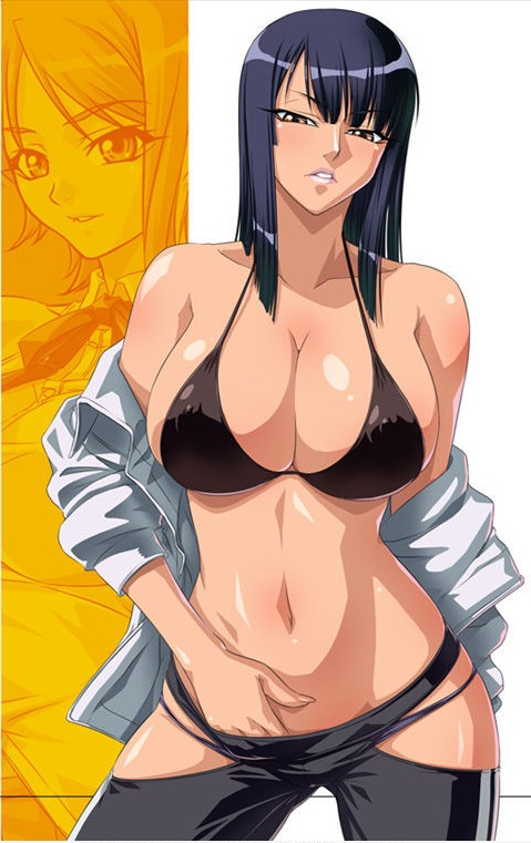 1girls, bare shoulders, barely contained, barely contained breasts, barely fits, big breasts, black hair, black-haired female, breasts, breasts too big, bursting breasts, female, female only, hand in panties, hand under clothes, hourglass figure, imminent wardrobe malfunction, kagami hirotaka, looking at viewer, nico robin, nipples visible through clothing, one piece, perky breasts, tight bikini, tight clothing, tight fit, too tight, undersized clothes, undersized clothing