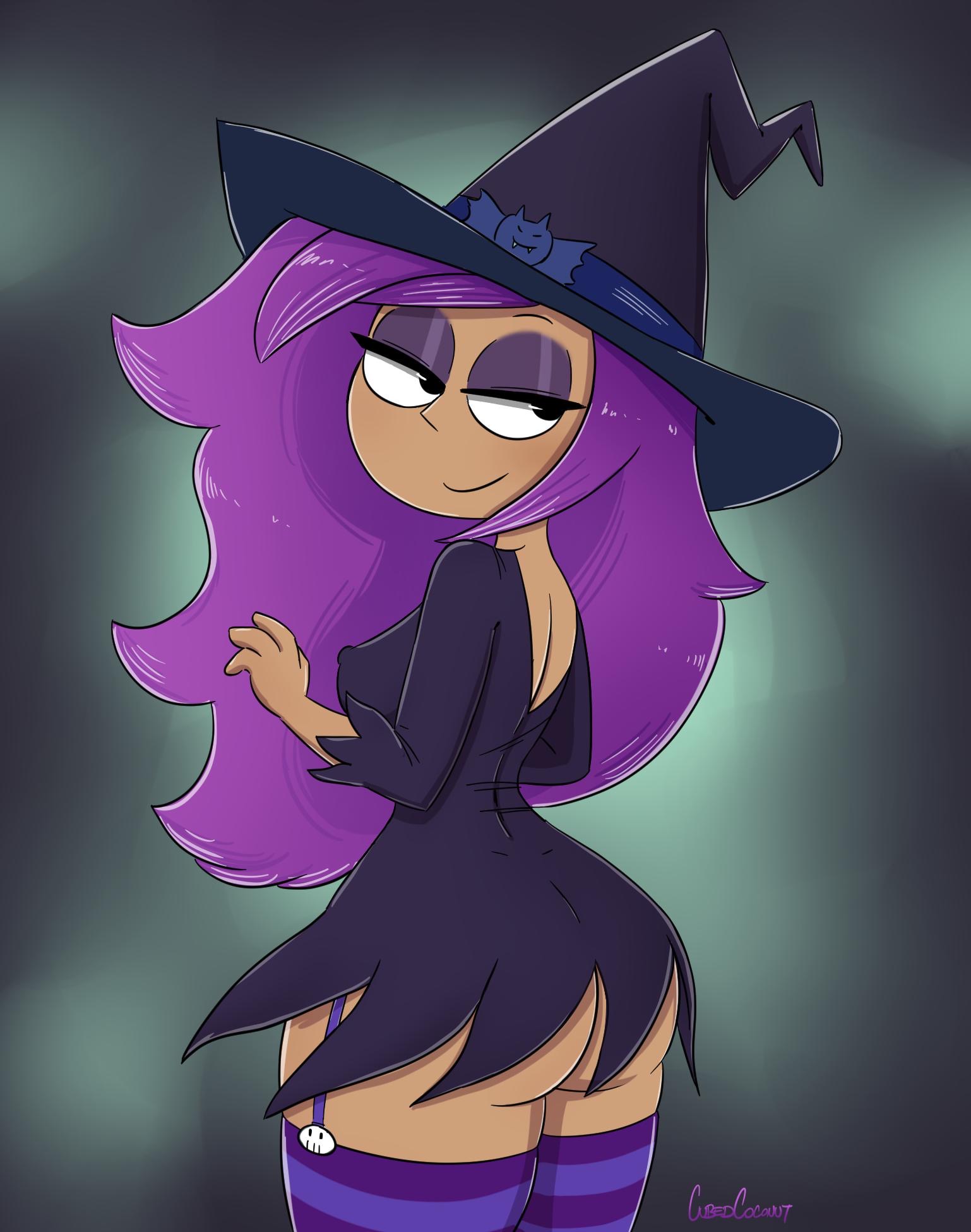 1girls, ass, big ass, cubedcoconut, enid, female, female only, from behind, halloween, halloween costume, holidays, long hair, looking back, ok k.o.! let's be heroes, short dress, simple background, solo, witch, witch costume, witch hat