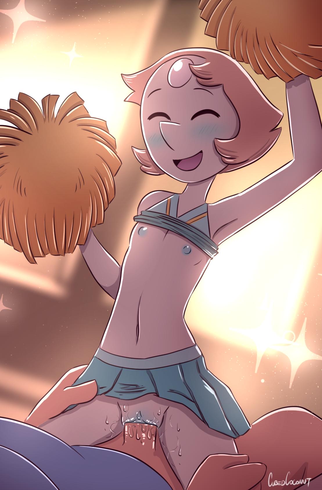 1boy, 1girls, blush, breasts, cheerleader, cheerleader uniform, clothing, cubedcoconut, female, male, open mouth, partial male, pearl (steven universe), penetration, penis, penis in pussy, pussy, sex, shirt, shirt lift, short hair, skirt, skirt lift, spread legs, steven universe, straight, vaginal penetration