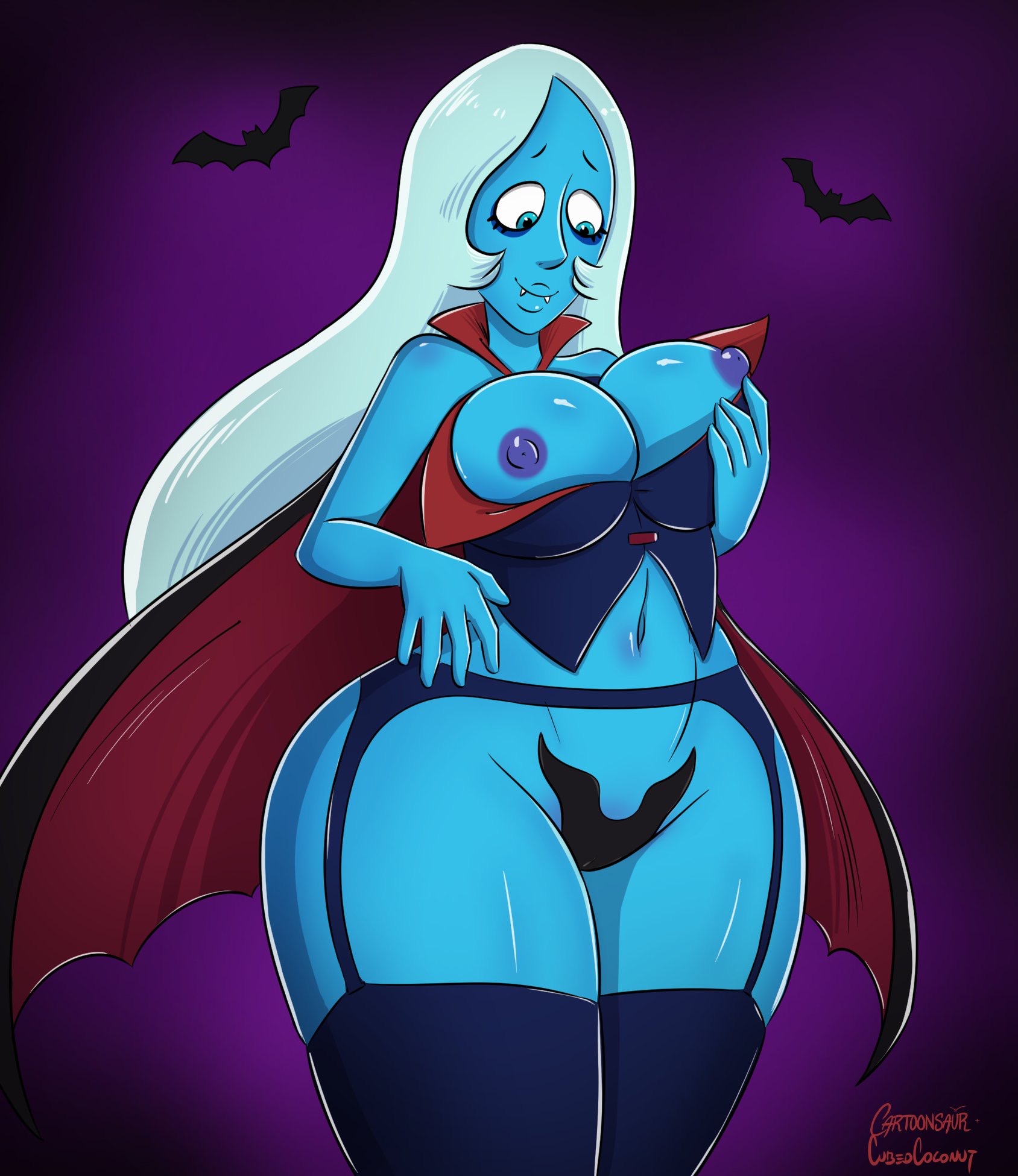 1girls, 2019, big breasts, blue diamond (steven universe), blue skin, breast grab, breasts, cape, cartoon network, cartoonsaur, cubedcoconut, diamond authority, fangs, female, female only, gem (species), halloween, halloween costume, large breasts, long hair, narrow shoulders, nipples, smile, solo, solo female, steven universe, thick thighs, thighhighs, thighs, thin arms, vampire, wide hips