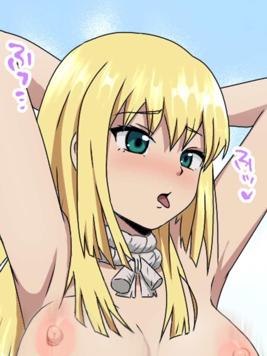 1girls, areolae, armpits, arms behind head, blonde hair, blonde-haired female, breasts, dr.stone, eyebrows visible through hair, female, japanese text, long hair, nipples, rope, ruri (dr.stone), small nipples, tongue, tongue out