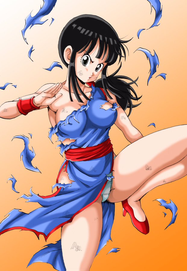 1girls armpits beaten big_breasts black_eyes black_hair cameltoe chichi cleavage curvy dragon_ball dragon_ball_(classic) dress erect_nipples eye_contact female high_heels huge_areolae huge_ass human looking_at_viewer milf mother orange_background panties pose puffy_nipples shoes shounen_jump solo source_request teenage_girl teenager thick_lips thick_thighs torn_clothes voluptuous wide_hips youngjijii