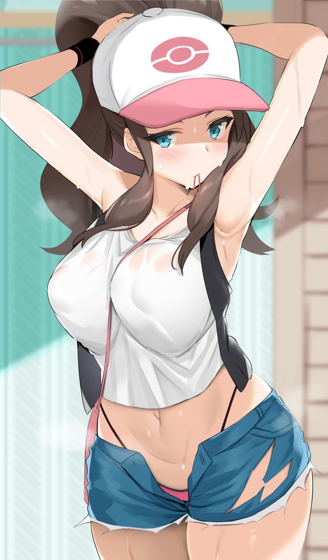 1girls abs adjusting_hair alternate_breast_size armpits arms_up ass baseball_cap belly big_ass big_breasts blue_eyes blush breasts brown_hair cleavage denim denim_shorts erect_nipples eye_contact eyelashes female female_only fit half-closed_eyes hilda_(pokemon) hotpants large_breasts long_hair looking_at_viewer midriff navel nintendo nipple_bulge noripachi panties panties_visible pink_panties pokemon pokemon_bw ponytail pose shirt short_shorts shorts smell solo standing sweat thick_thighs thong unbuttoned wet wet_clothes wet_shirt wide_hips