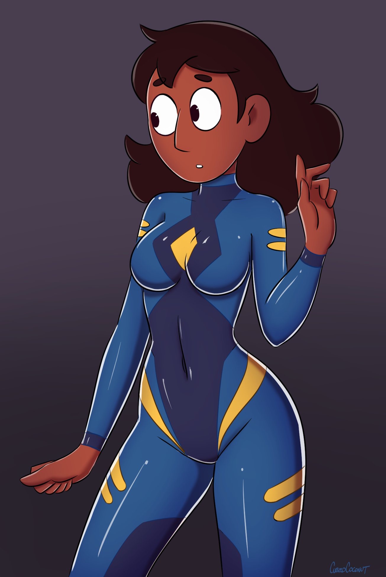 1girls, black eyes, bodysuit, breasts, brown hair, cartoon network, clothing, connie maheswaran, cubedcoconut, dark skin, dark-skinned female, female, female only, jumpsuit, looking to the side, navel, skin tight, solo, standing, steven universe, straight hair