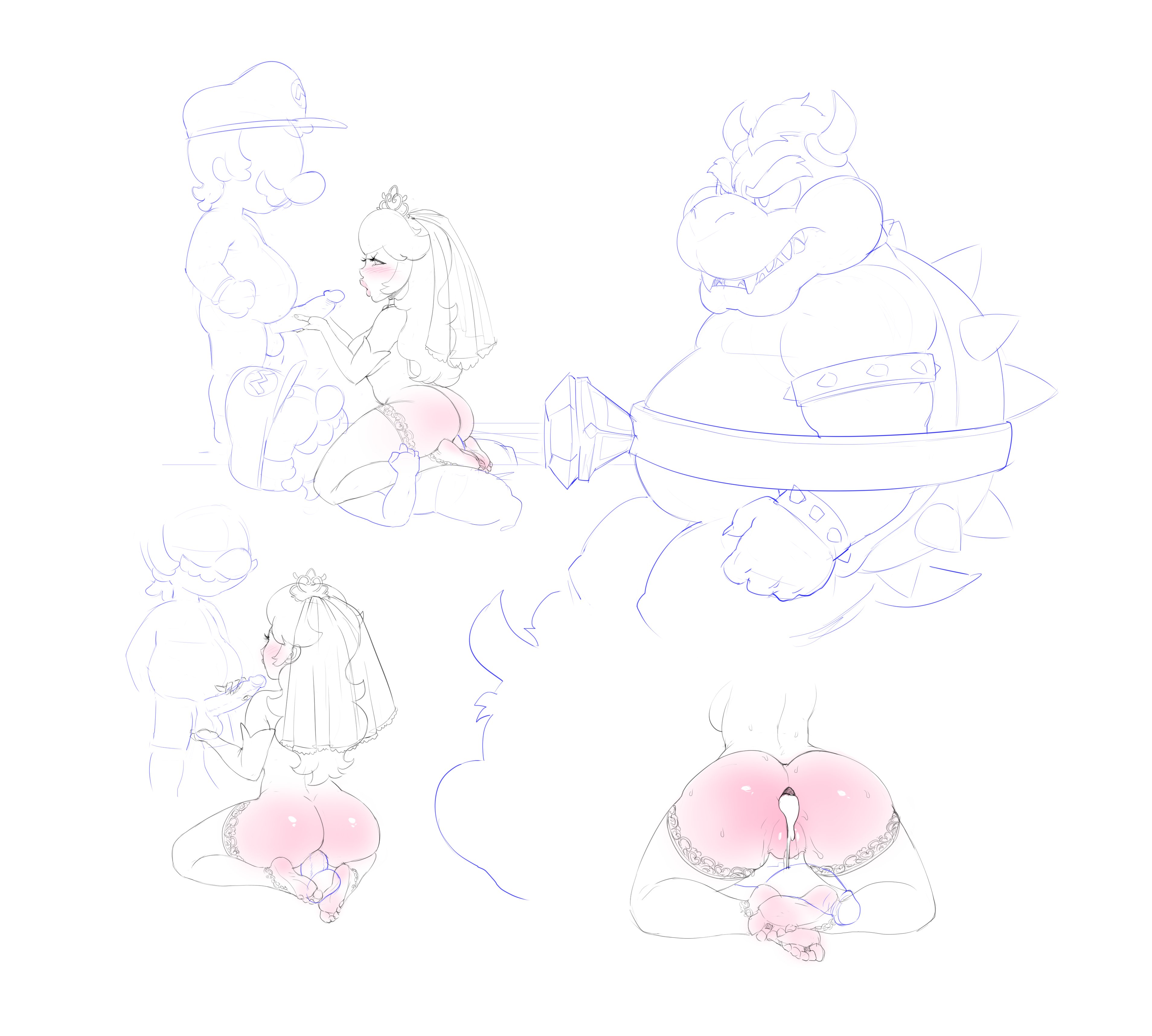 1girls, 3boys, anus, ass, balls, bowser, breasts, cum, cum in ass, cum inside, erection, female, legoman, male, male/female, mario, mario (series), monochrome, nintendo, penis, princess peach, pussy, sex, super mario odyssey
