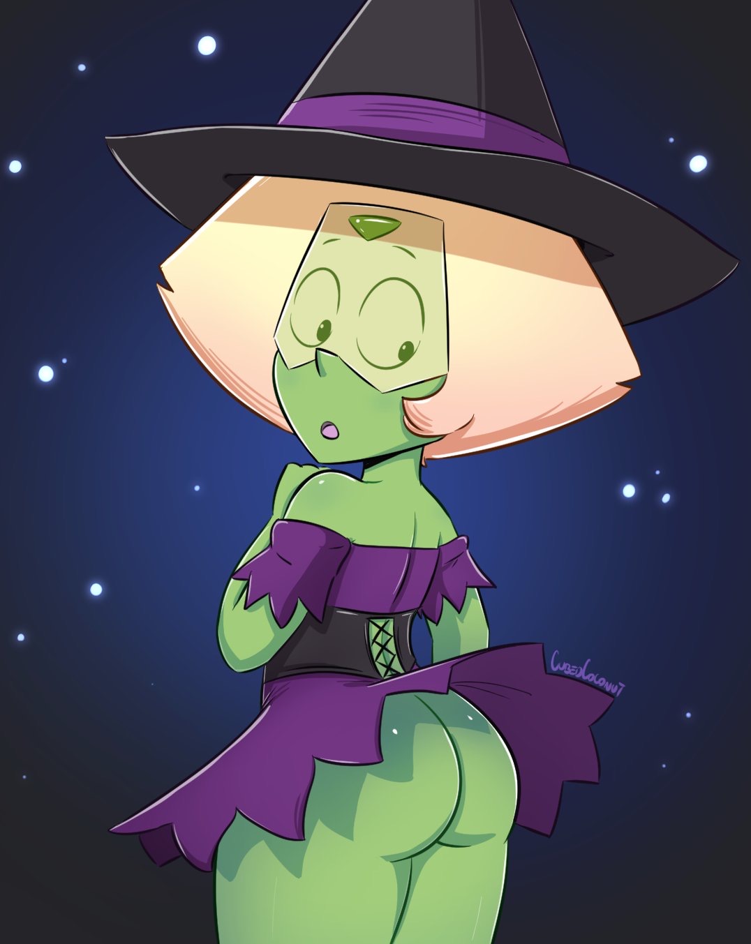 1girls, ass, cubedcoconut, female, female only, halloween, halloween costume, looking back, peridot (steven universe), solo, steven universe, witch hat